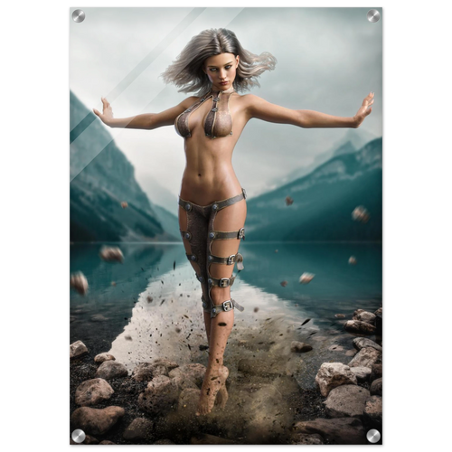 Handcrafted Fantasy Druid Mage wall art featuring a powerful female druid levitating above a mountain lake while controlling floating stones with elemental nature magic. Fantasy artwork perfect for gaming rooms, RPG fans, and nature-inspired medieval fantasy décor.