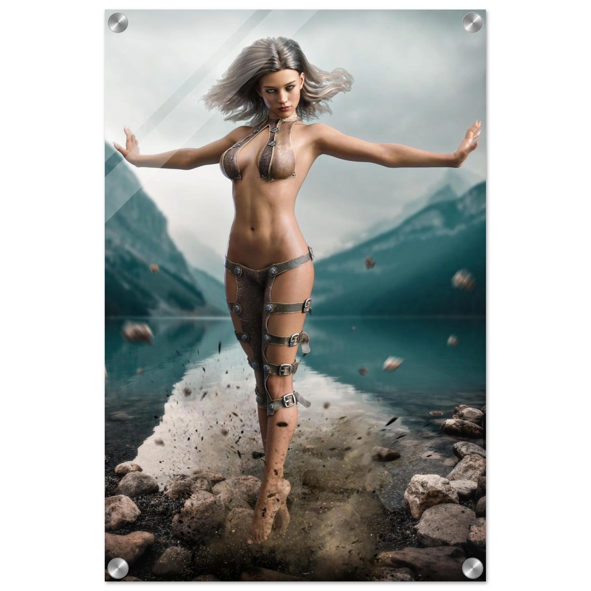 Handcrafted Fantasy Druid Mage wall art featuring a powerful female druid levitating above a mountain lake while controlling floating stones with elemental nature magic. Fantasy artwork perfect for gaming rooms, RPG fans, and nature-inspired medieval fantasy décor.