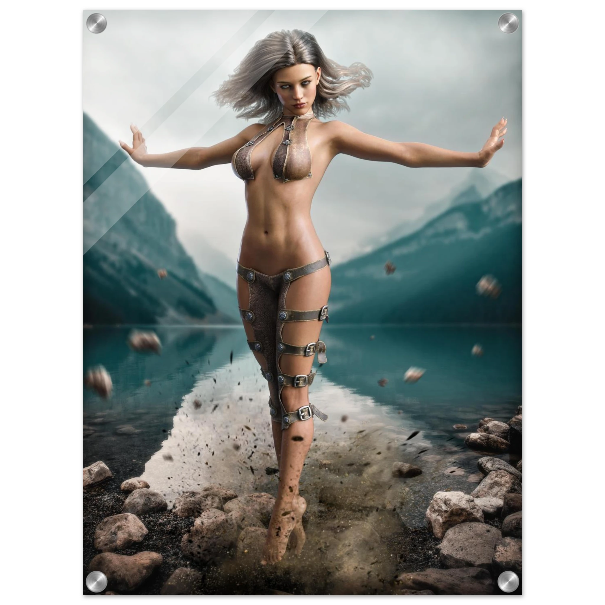 Handcrafted Fantasy Druid Mage wall art featuring a powerful female druid levitating above a mountain lake while controlling floating stones with elemental nature magic. Fantasy artwork perfect for gaming rooms, RPG fans, and nature-inspired medieval fantasy décor.
