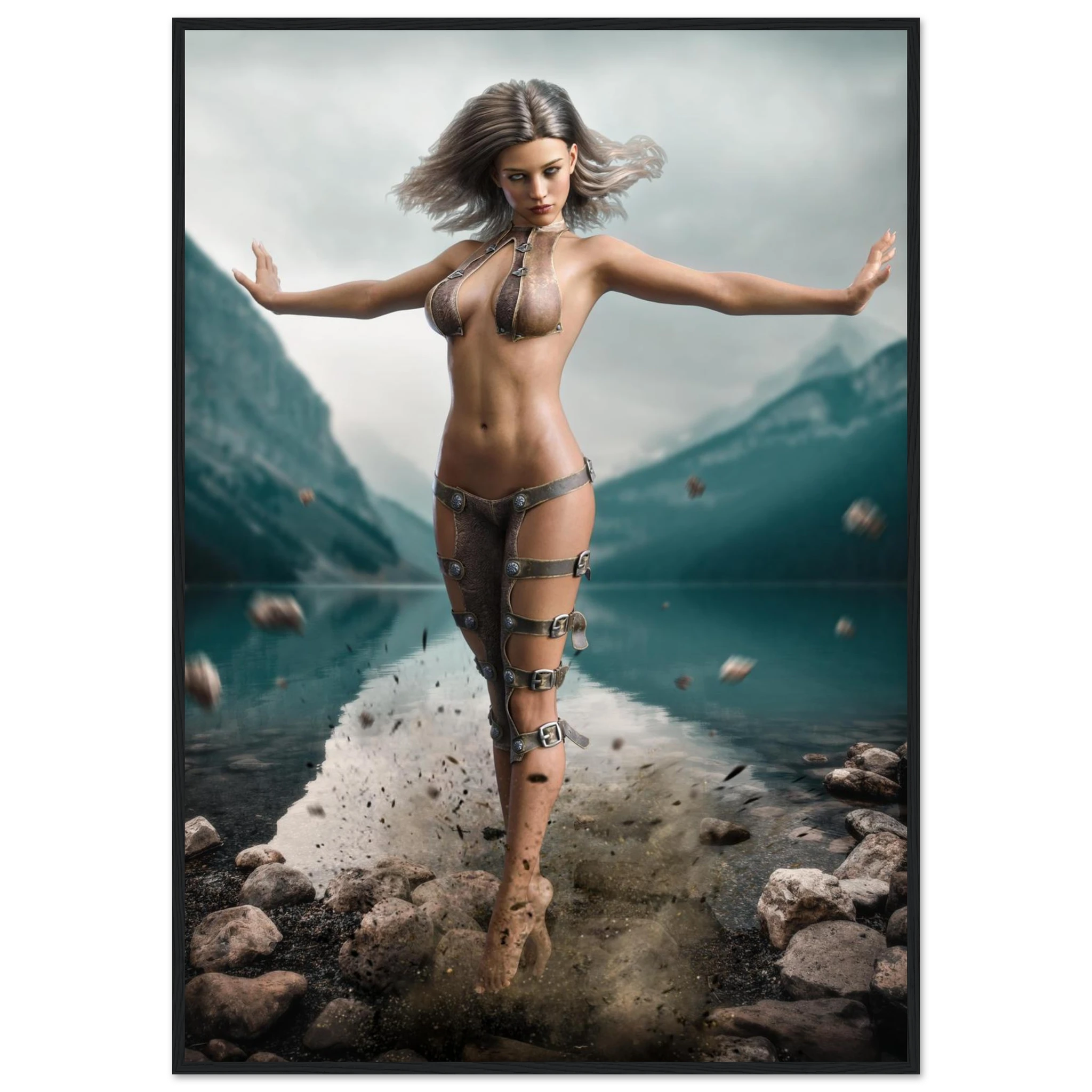 Handcrafted Fantasy Druid Mage wall art featuring a powerful female druid levitating above a mountain lake while controlling floating stones with elemental nature magic. Fantasy artwork perfect for gaming rooms, RPG fans, and nature-inspired medieval fantasy décor.