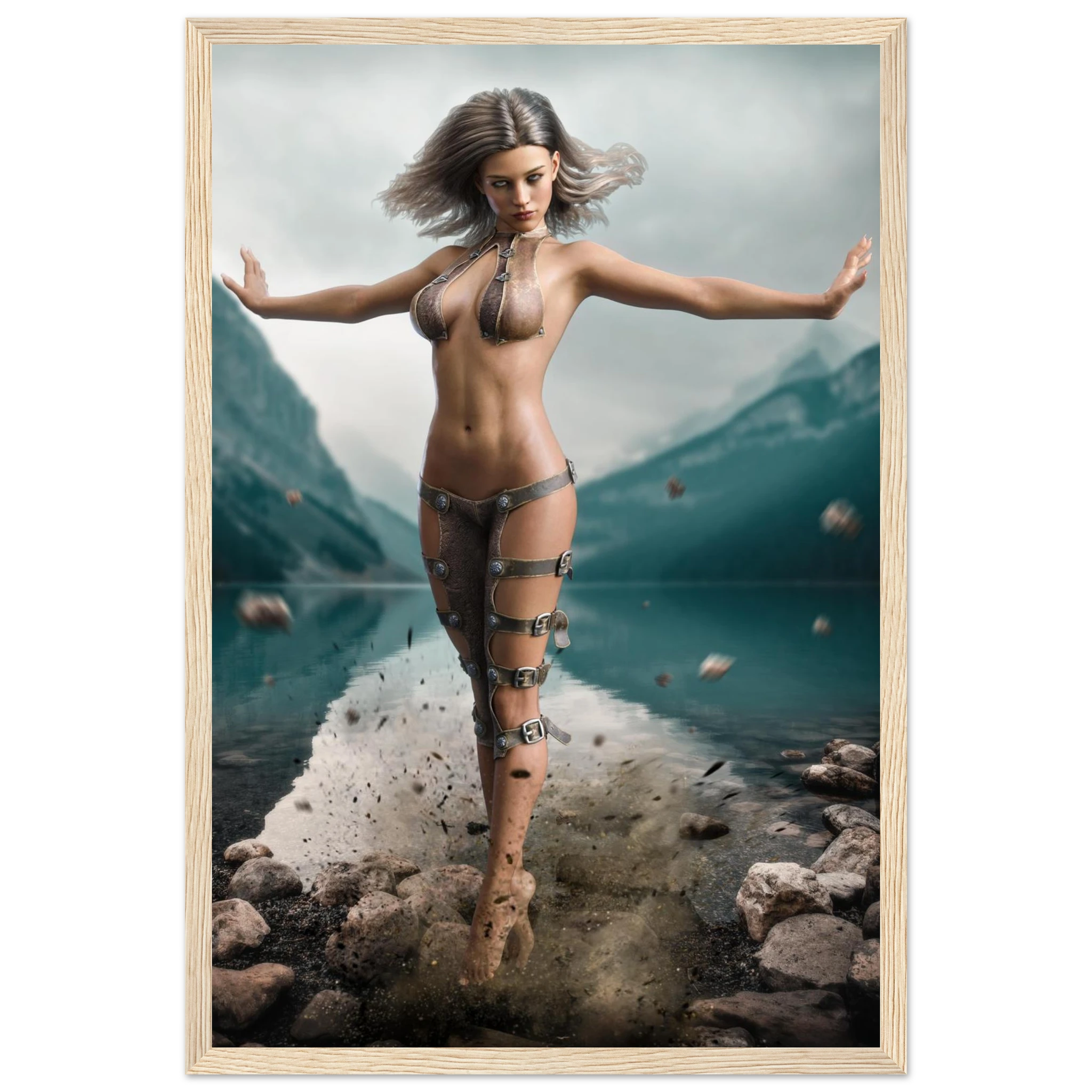 Handcrafted Fantasy Druid Mage wall art featuring a powerful female druid levitating above a mountain lake while controlling floating stones with elemental nature magic. Fantasy artwork perfect for gaming rooms, RPG fans, and nature-inspired medieval fantasy décor.