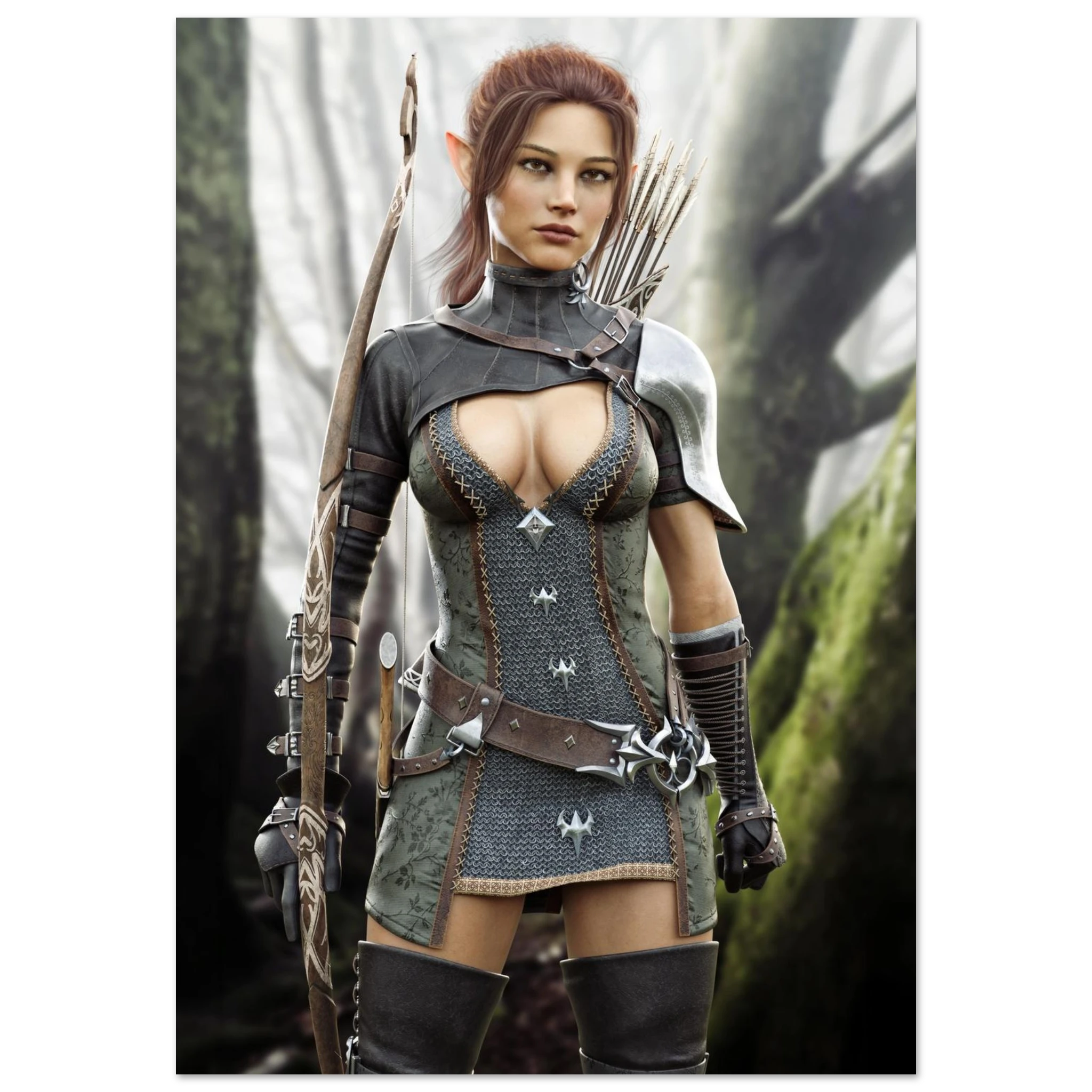 Handcrafted Fantasy Elf Ranger wall art featuring a skilled female elven archer carrying an ornate longbow and quiver while standing in an enchanted forest. Fantasy artwork perfect for gaming rooms, RPG fans, archery enthusiasts, and medieval fantasy décor.