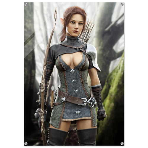 Handcrafted Fantasy Elf Ranger wall art featuring a skilled female elven archer carrying an ornate longbow and quiver while standing in an enchanted forest. Fantasy artwork perfect for gaming rooms, RPG fans, archery enthusiasts, and medieval fantasy décor.