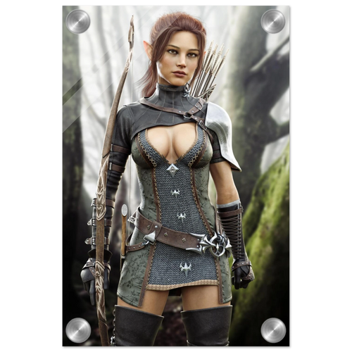Handcrafted Fantasy Elf Ranger wall art featuring a skilled female elven archer carrying an ornate longbow and quiver while standing in an enchanted forest. Fantasy artwork perfect for gaming rooms, RPG fans, archery enthusiasts, and medieval fantasy décor.