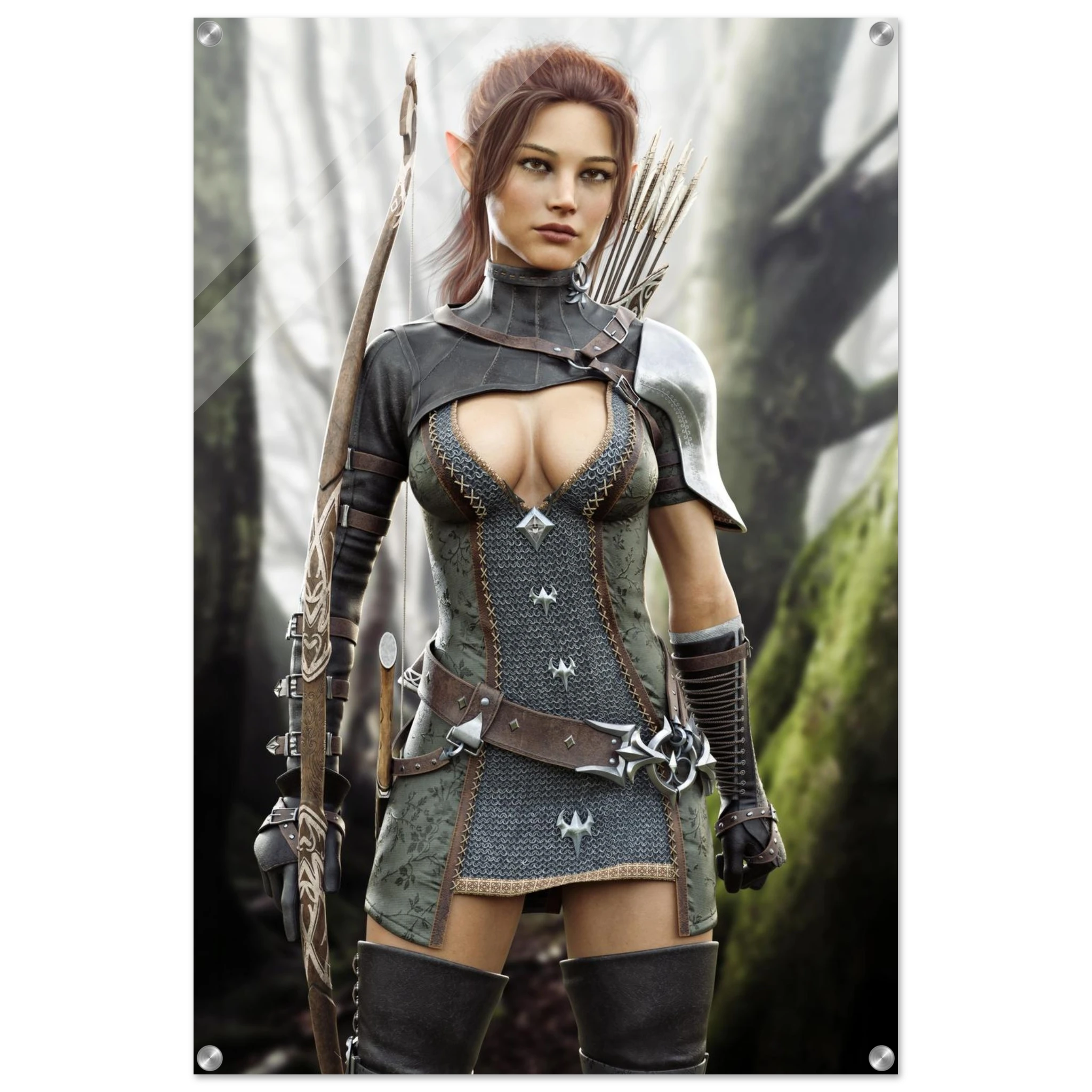 Handcrafted Fantasy Elf Ranger wall art featuring a skilled female elven archer carrying an ornate longbow and quiver while standing in an enchanted forest. Fantasy artwork perfect for gaming rooms, RPG fans, archery enthusiasts, and medieval fantasy décor.