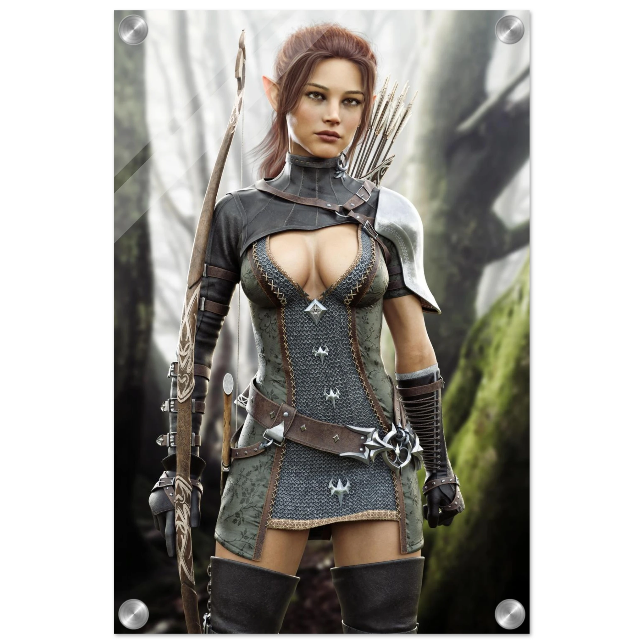 Handcrafted Fantasy Elf Ranger wall art featuring a skilled female elven archer carrying an ornate longbow and quiver while standing in an enchanted forest. Fantasy artwork perfect for gaming rooms, RPG fans, archery enthusiasts, and medieval fantasy décor.