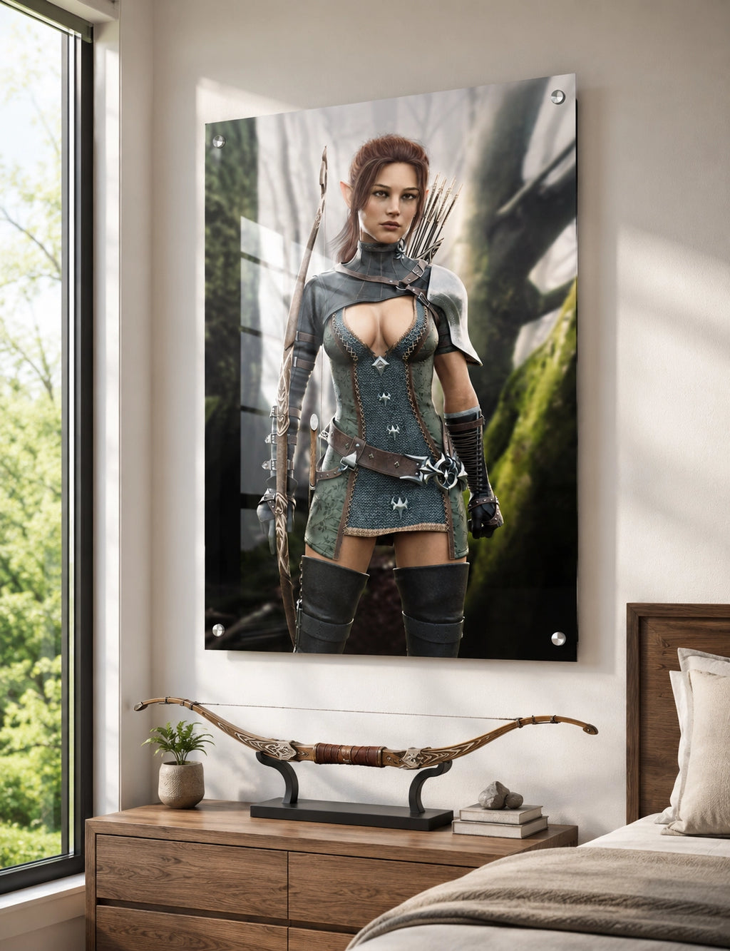 Handcrafted Fantasy Elf Ranger wall art featuring a skilled female elven archer carrying an ornate longbow and quiver while standing in an enchanted forest. Fantasy artwork perfect for gaming rooms, RPG fans, archery enthusiasts, and medieval fantasy décor.