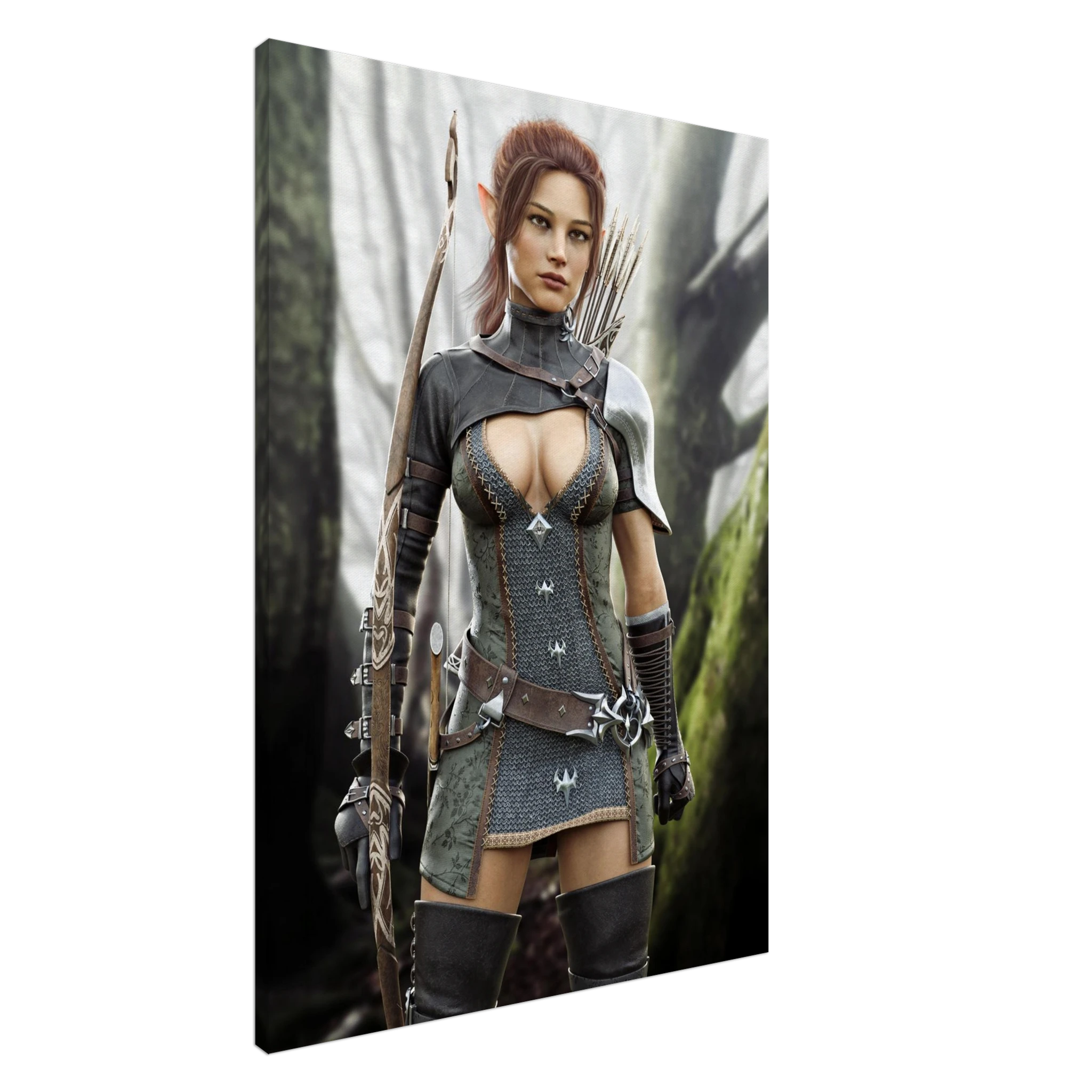 Handcrafted Fantasy Elf Ranger wall art featuring a skilled female elven archer carrying an ornate longbow and quiver while standing in an enchanted forest. Fantasy artwork perfect for gaming rooms, RPG fans, archery enthusiasts, and medieval fantasy décor.