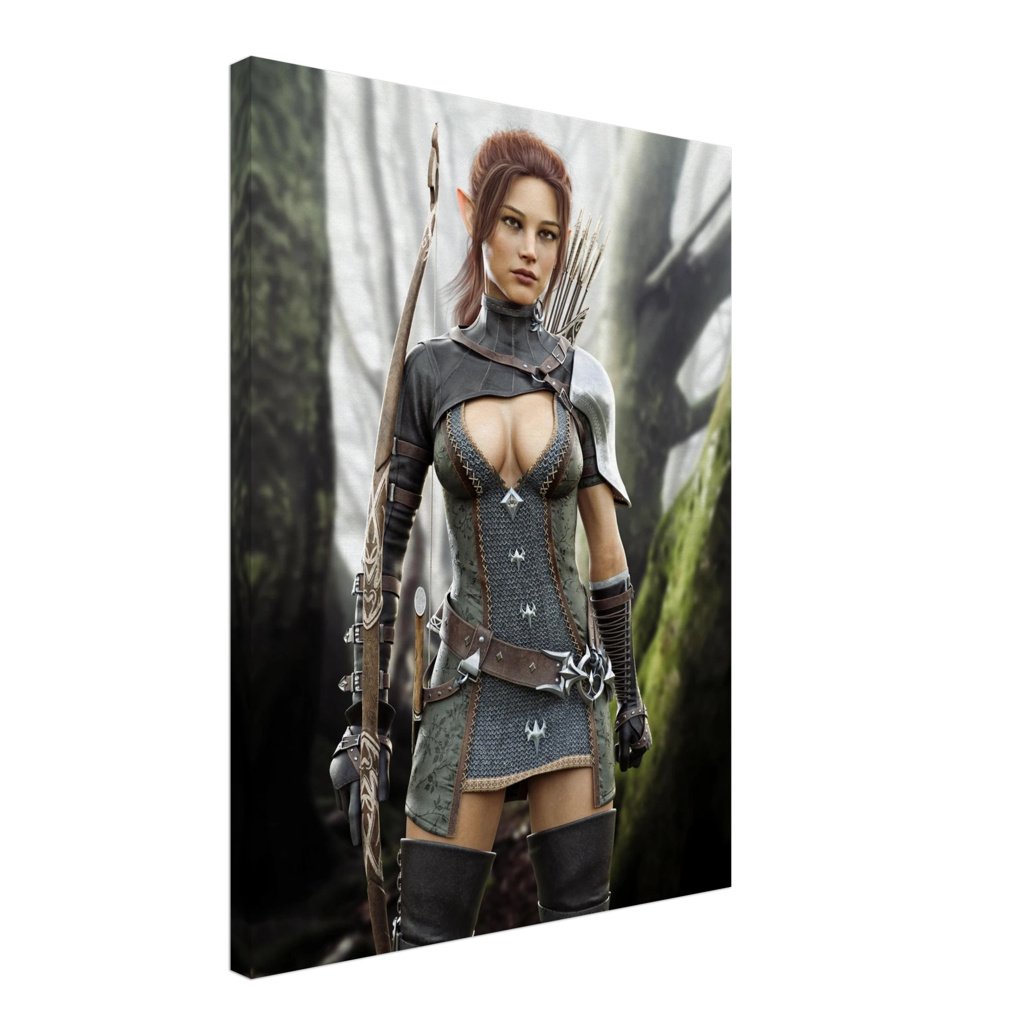 Handcrafted Fantasy Elf Ranger wall art featuring a skilled female elven archer carrying an ornate longbow and quiver while standing in an enchanted forest. Fantasy artwork perfect for gaming rooms, RPG fans, archery enthusiasts, and medieval fantasy décor.