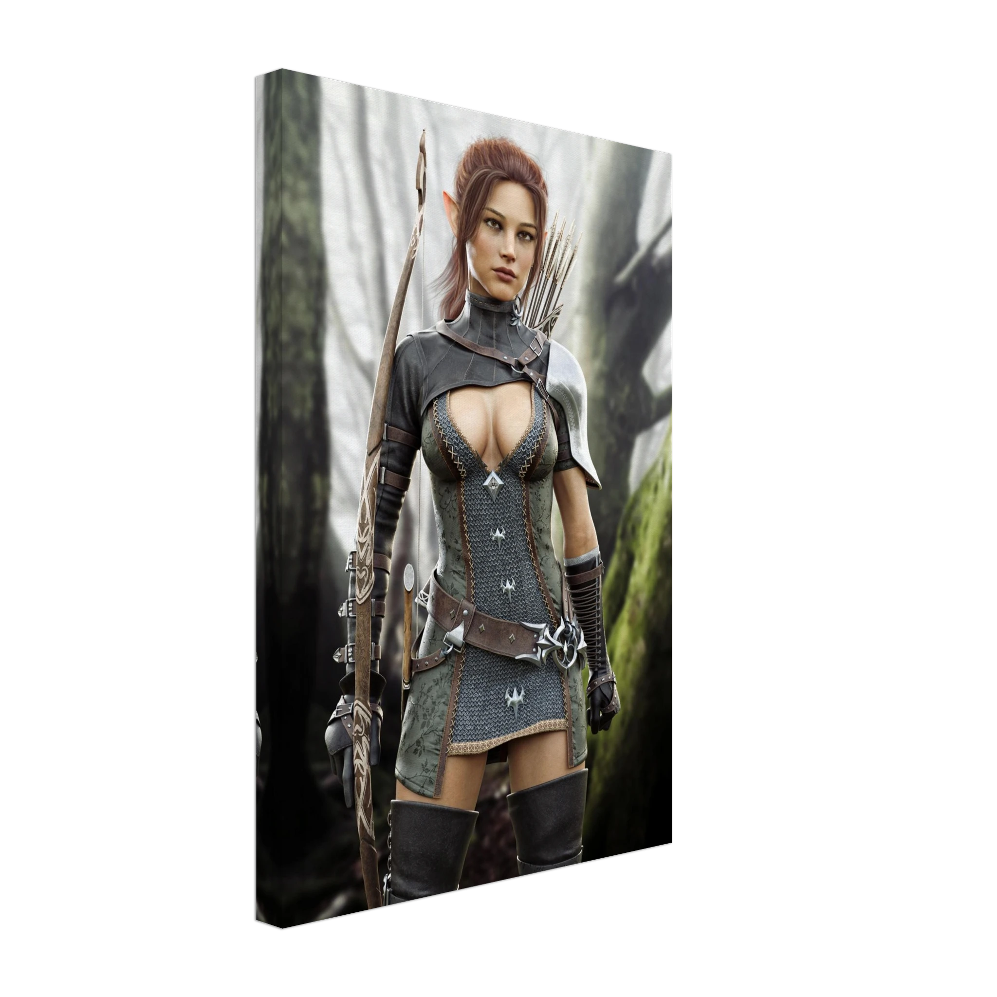 Handcrafted Fantasy Elf Ranger wall art featuring a skilled female elven archer carrying an ornate longbow and quiver while standing in an enchanted forest. Fantasy artwork perfect for gaming rooms, RPG fans, archery enthusiasts, and medieval fantasy décor.