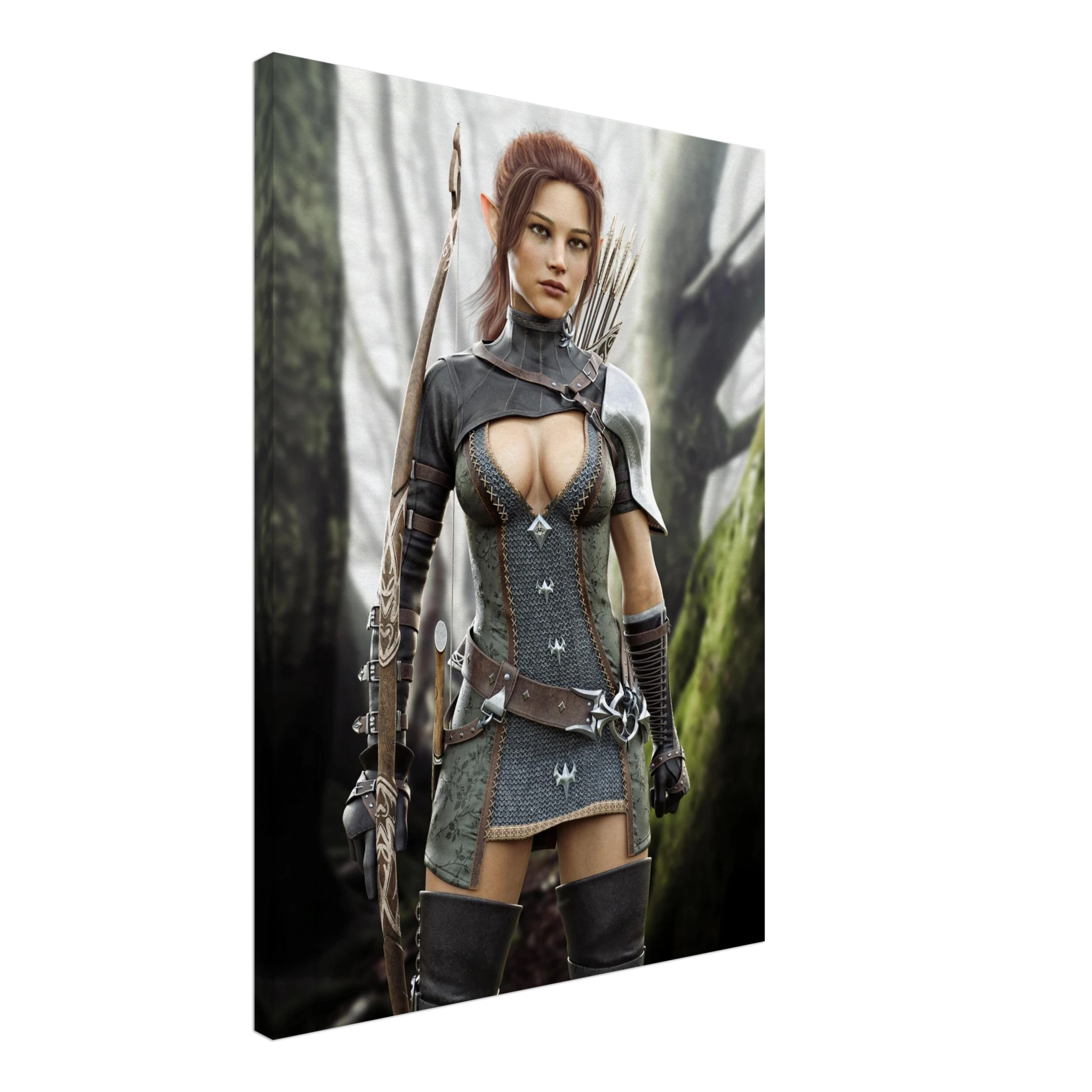 Handcrafted Fantasy Elf Ranger wall art featuring a skilled female elven archer carrying an ornate longbow and quiver while standing in an enchanted forest. Fantasy artwork perfect for gaming rooms, RPG fans, archery enthusiasts, and medieval fantasy décor.