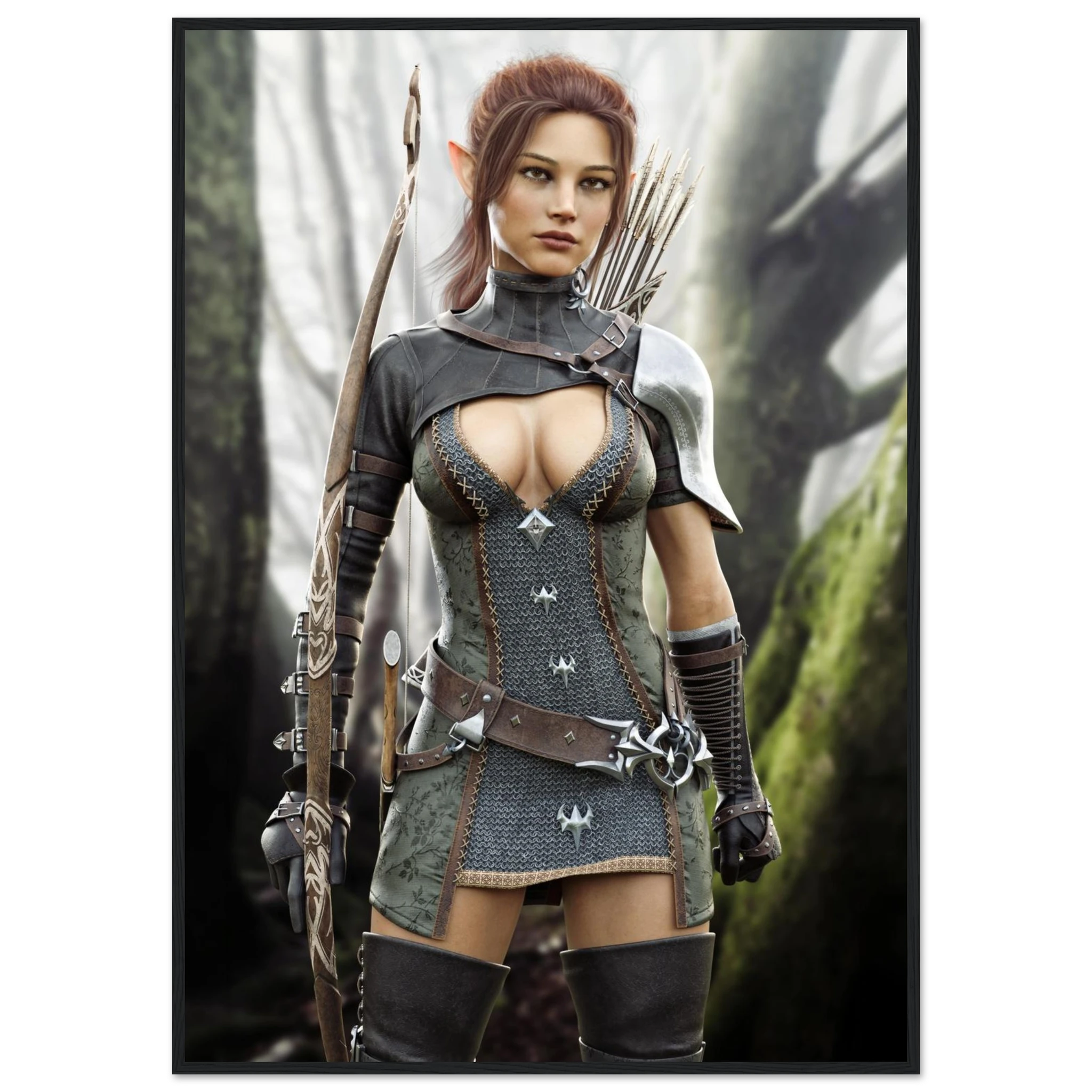 A framed art print featuring a fantasy illustration of an elf female warrior with pointed ears, wearing a dark gray and brown chainmail-style corset dress, holding a bow, set against a misty forest background.
