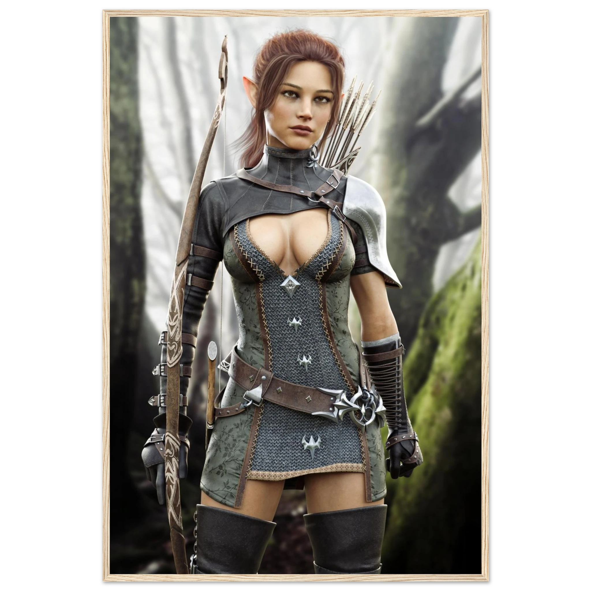 A framed art print featuring a fantasy illustration of an elf female archer in detailed armor, holding a bow, set against a forest background.