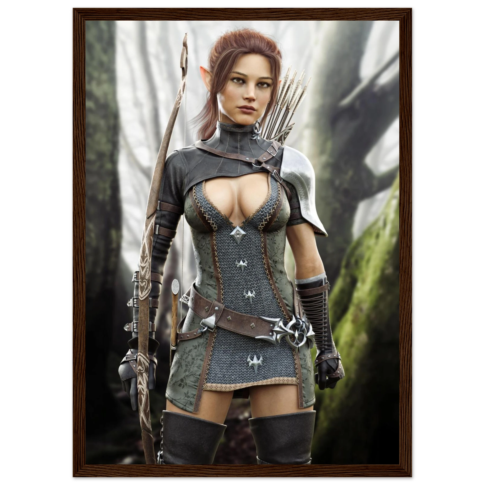 A framed fantasy art print depicting an elf archer in detailed gray and brown armor, holding a bow, set against a misty forest background.