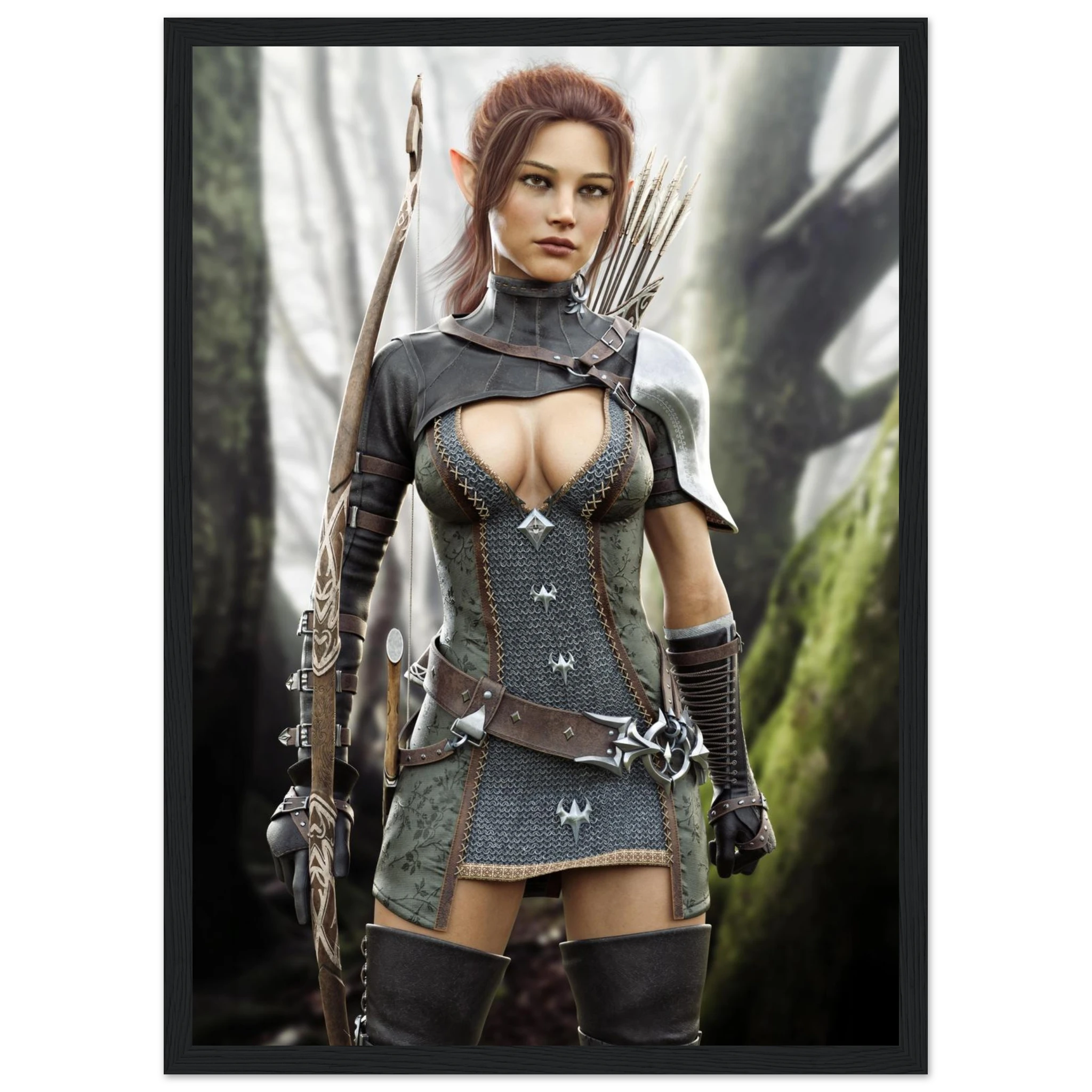 A framed art print featuring a fantasy illustration of an elf female archer in dark gray and brown armor, holding a bow, set against a misty forest background.