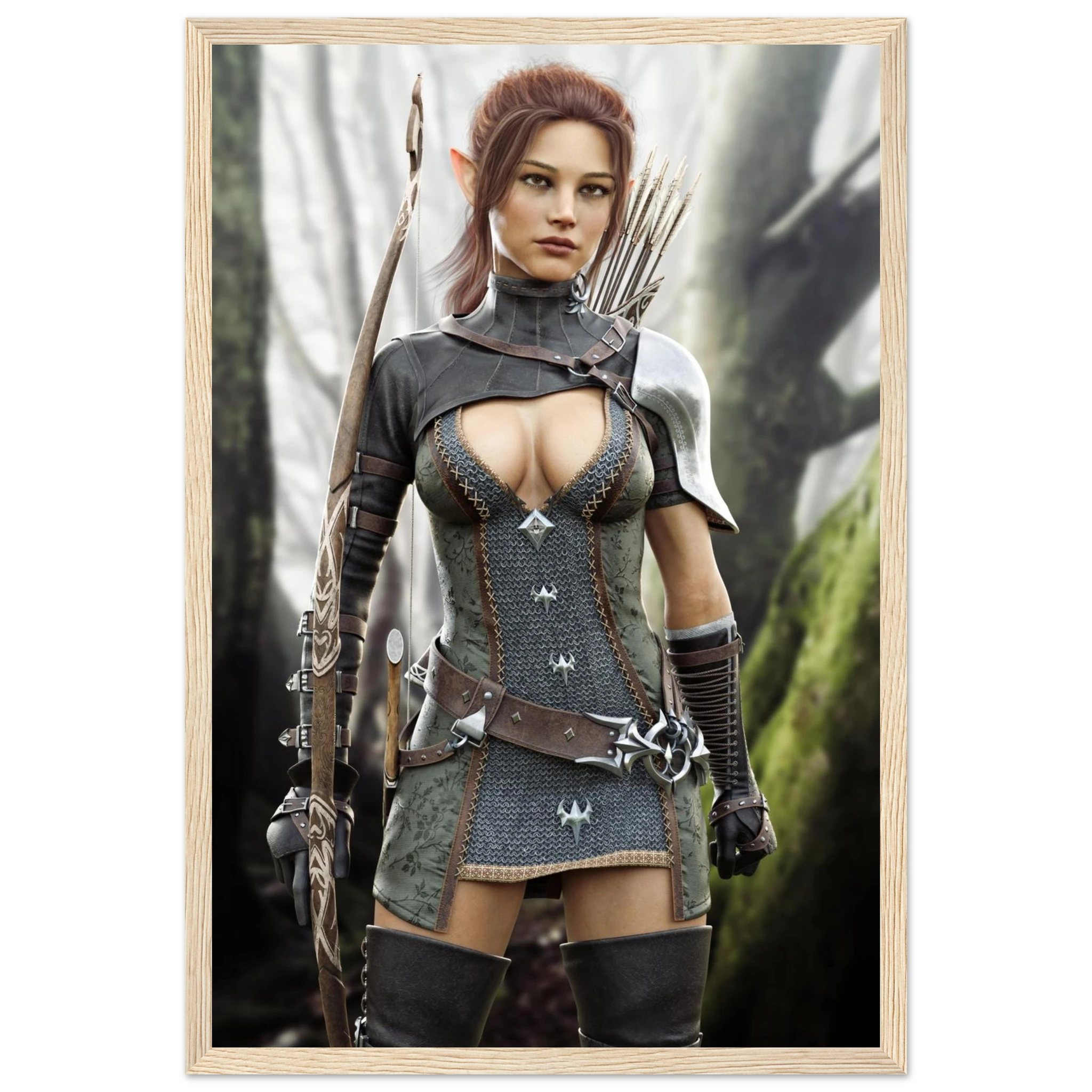 A framed fantasy art print depicting a female elf archer in detailed gray and brown armor, holding a bow, set against a misty forest background.