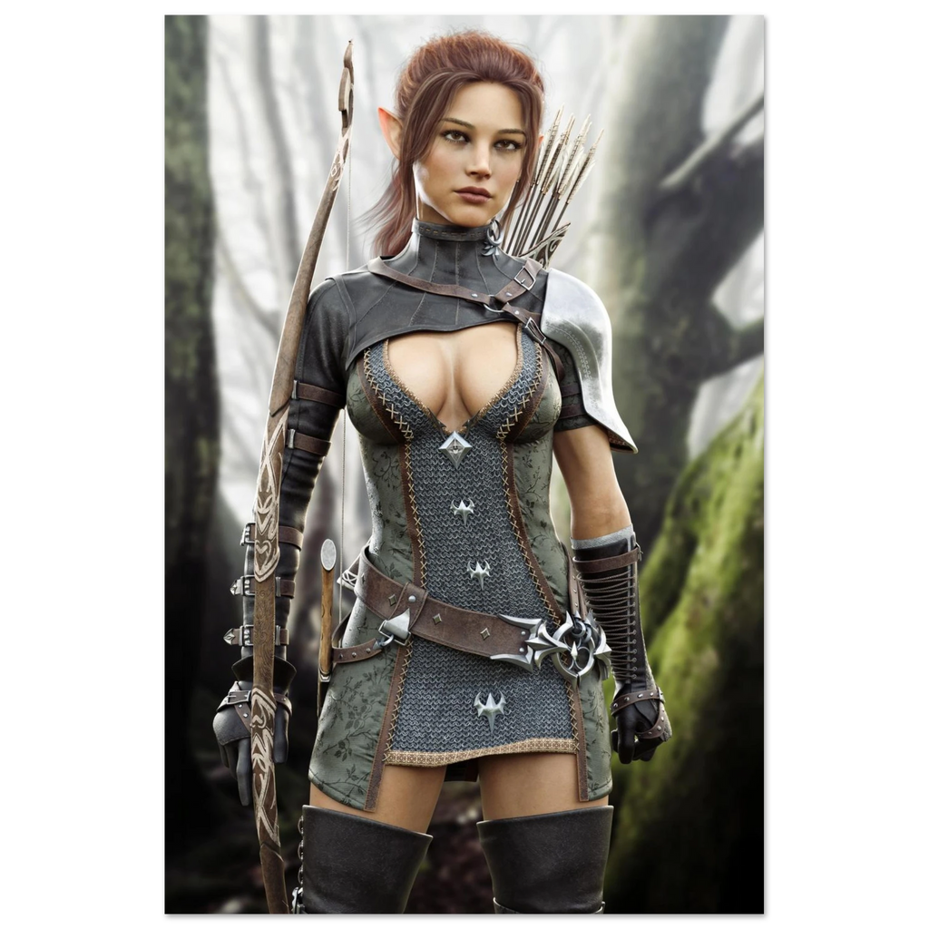 Handcrafted Fantasy Elf Ranger wall art featuring a skilled female elven archer carrying an ornate longbow and quiver while standing in an enchanted forest. Fantasy artwork perfect for gaming rooms, RPG fans, archery enthusiasts, and medieval fantasy décor.