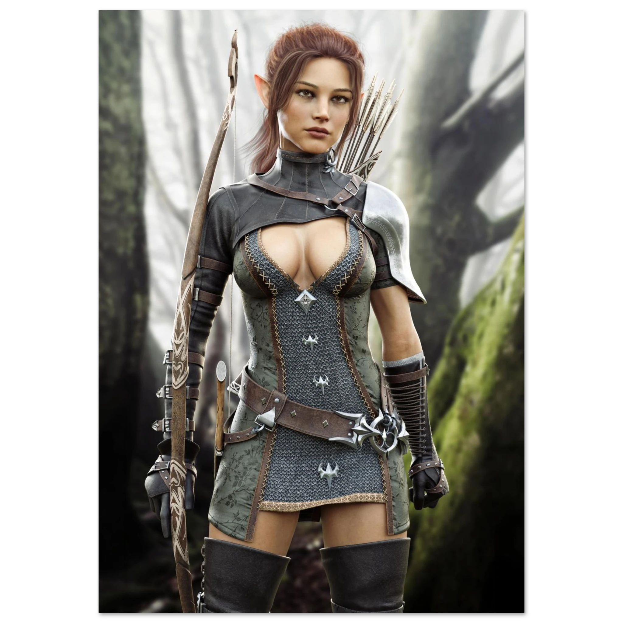 A fantasy female warrior character wearing detailed chainmail-style armor with silver accents, a dark corset-style bodice, armbands, and thigh guards, holding a bow in a misty forest setting.