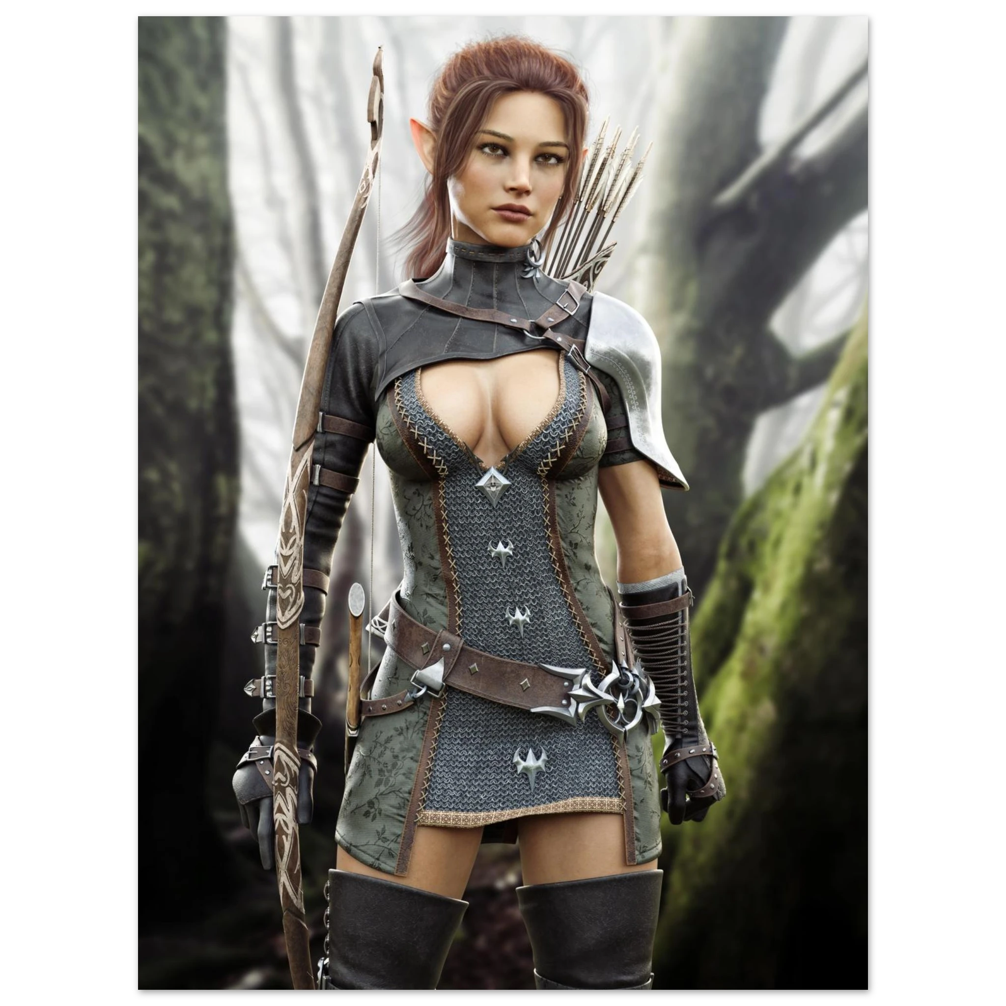 A fantasy elf archer character wearing detailed chainmail armor, a dark corset-style bodysuit, shoulder armor, and carrying a bow, shown against a blurred forest background.