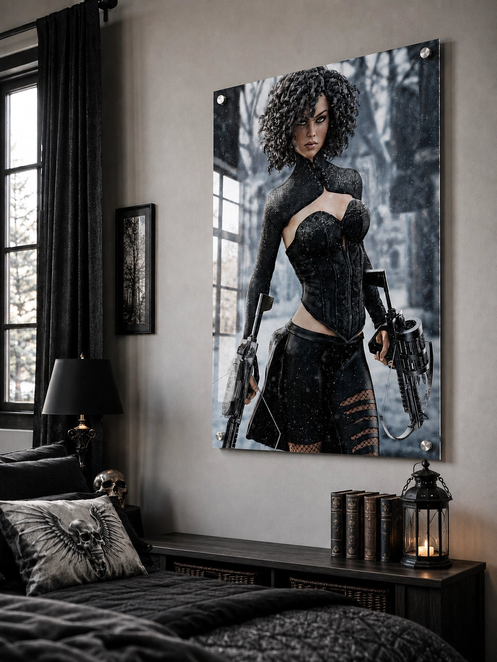 Handcrafted Fantasy Female Hunter wall art featuring a determined huntress wielding dual hand crossbows while standing in a snowy winter landscape. Fantasy artwork perfect for gaming rooms, RPG fans, collectors, and medieval fantasy décor.
