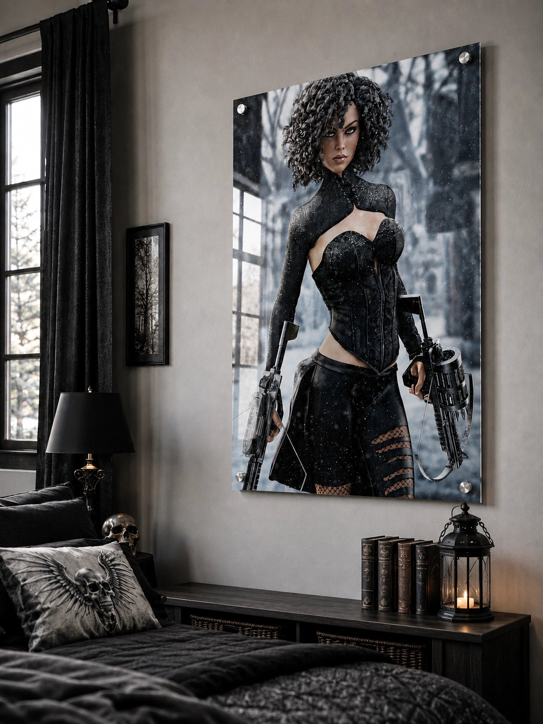 Handcrafted Fantasy Female Hunter wall art featuring a determined huntress wielding dual hand crossbows while standing in a snowy winter landscape. Fantasy artwork perfect for gaming rooms, RPG fans, collectors, and medieval fantasy décor.