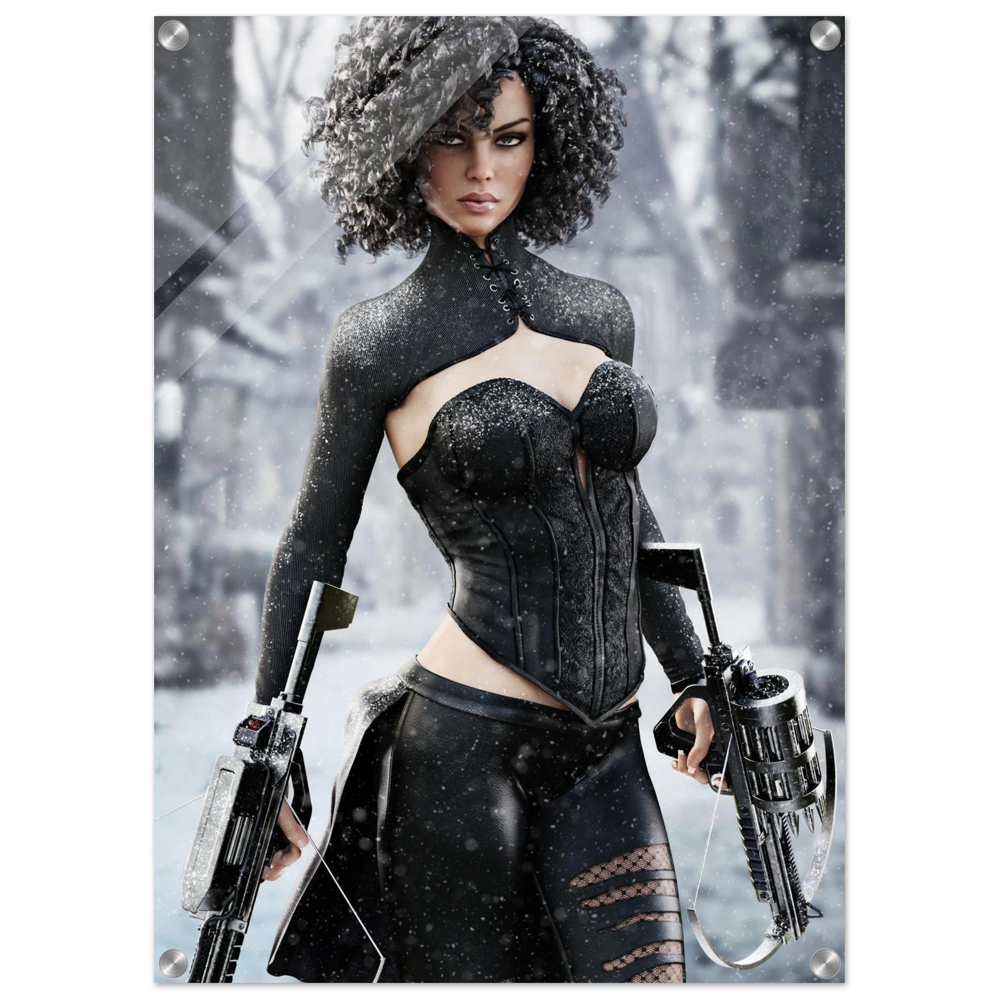 Handcrafted Fantasy Female Hunter wall art featuring a determined huntress wielding dual hand crossbows while standing in a snowy winter landscape. Fantasy artwork perfect for gaming rooms, RPG fans, collectors, and medieval fantasy décor.