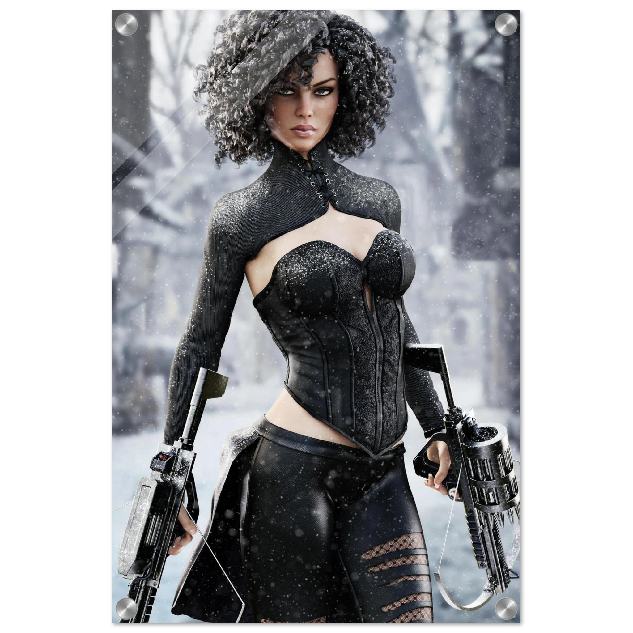 Handcrafted Fantasy Female Hunter wall art featuring a determined huntress wielding dual hand crossbows while standing in a snowy winter landscape. Fantasy artwork perfect for gaming rooms, RPG fans, collectors, and medieval fantasy décor.