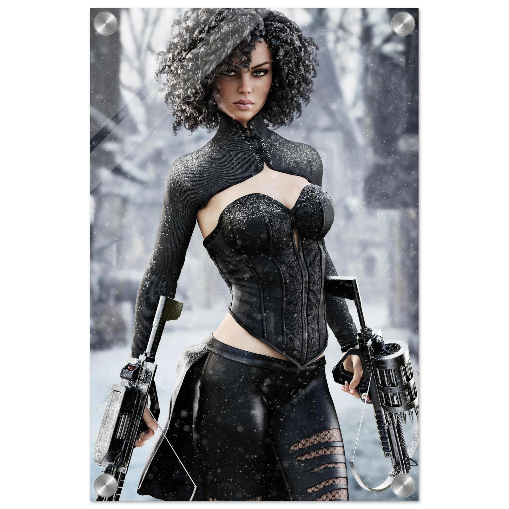 Handcrafted Fantasy Female Hunter wall art featuring a determined huntress wielding dual hand crossbows while standing in a snowy winter landscape. Fantasy artwork perfect for gaming rooms, RPG fans, collectors, and medieval fantasy décor.