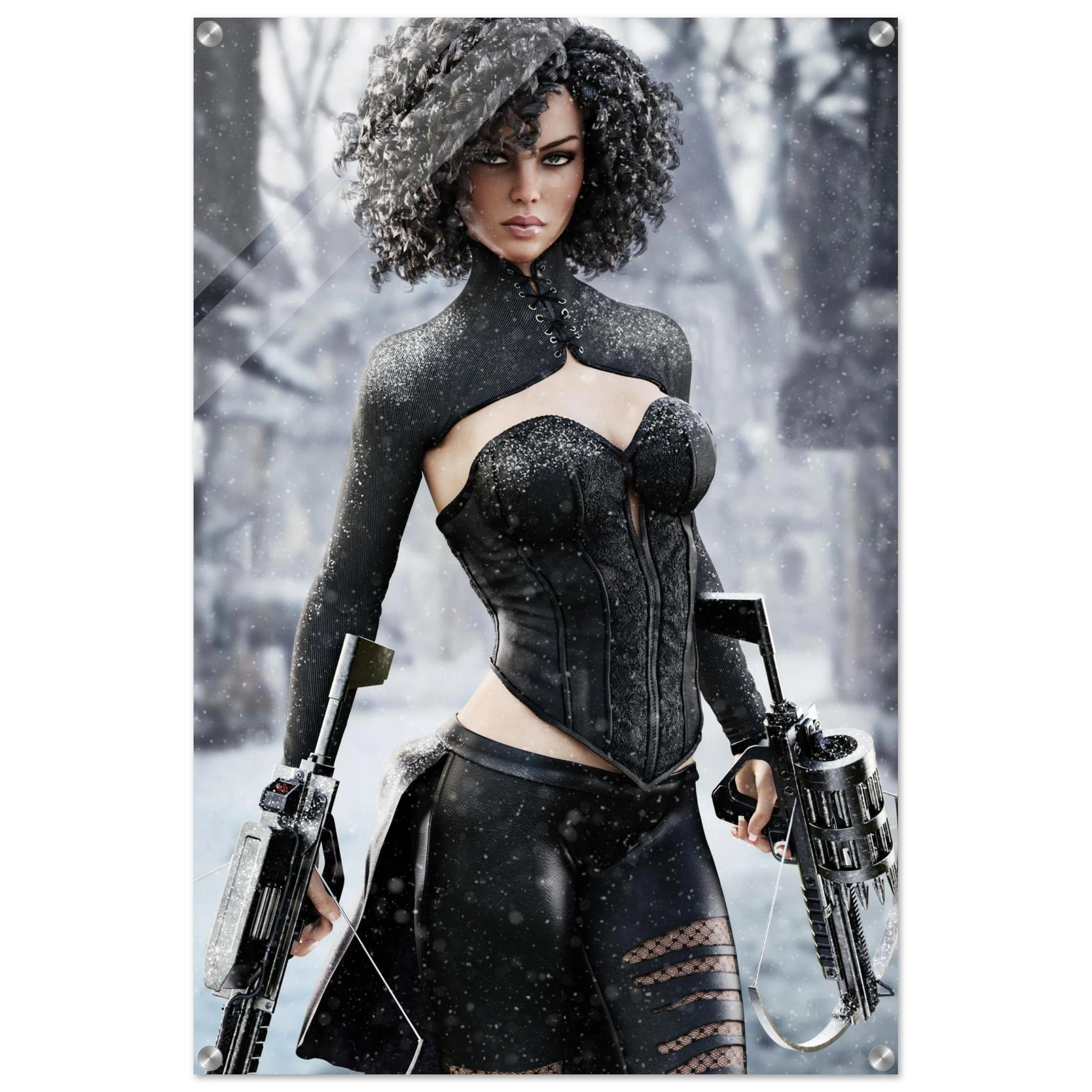 Handcrafted Fantasy Female Hunter wall art featuring a determined huntress wielding dual hand crossbows while standing in a snowy winter landscape. Fantasy artwork perfect for gaming rooms, RPG fans, collectors, and medieval fantasy décor.