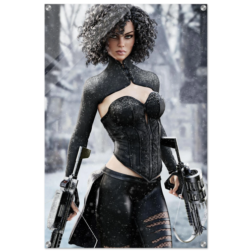 Handcrafted Fantasy Female Hunter wall art featuring a determined huntress wielding dual hand crossbows while standing in a snowy winter landscape. Fantasy artwork perfect for gaming rooms, RPG fans, collectors, and medieval fantasy décor.