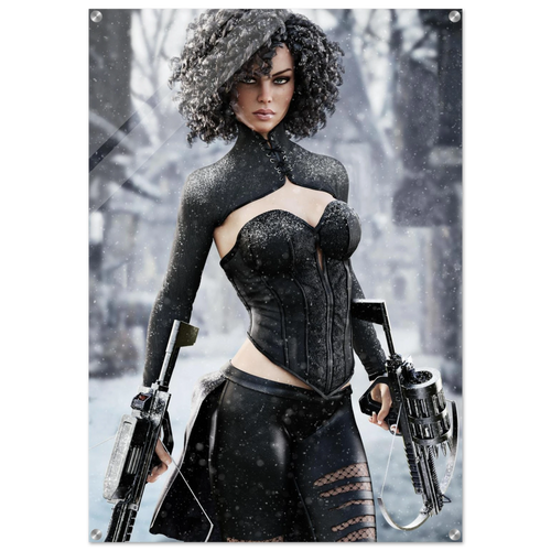 Handcrafted Fantasy Female Hunter wall art featuring a determined huntress wielding dual hand crossbows while standing in a snowy winter landscape. Fantasy artwork perfect for gaming rooms, RPG fans, collectors, and medieval fantasy décor.