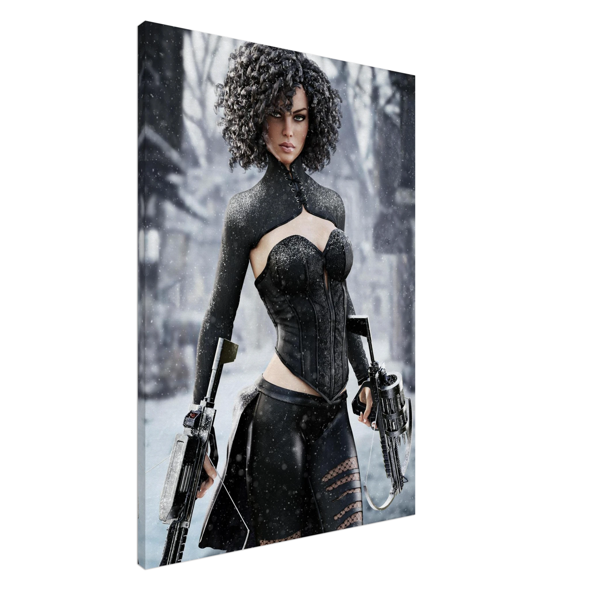 Handcrafted Fantasy Female Hunter wall art featuring a determined huntress wielding dual hand crossbows while standing in a snowy winter landscape. Fantasy artwork perfect for gaming rooms, RPG fans, collectors, and medieval fantasy décor.