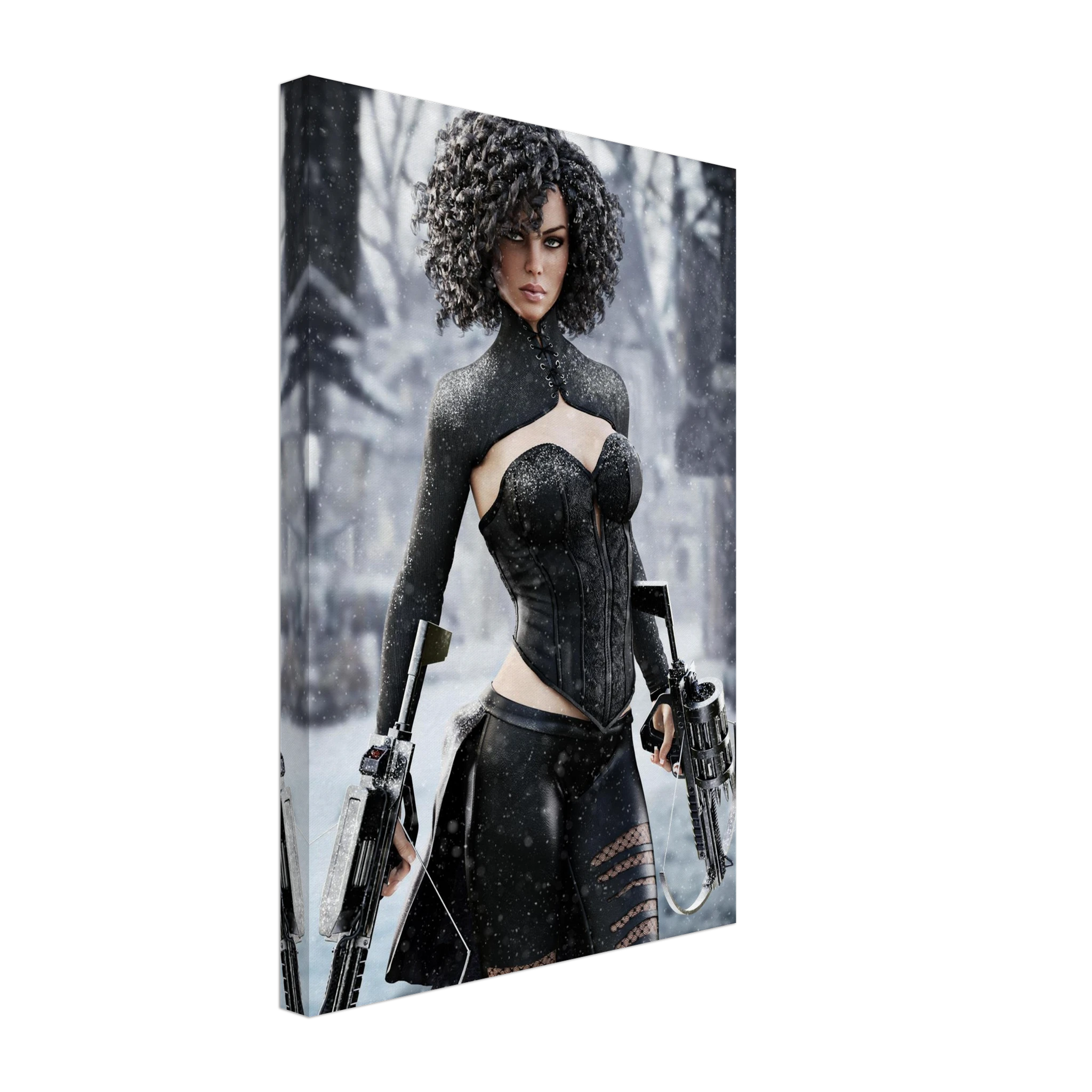 Handcrafted Fantasy Female Hunter wall art featuring a determined huntress wielding dual hand crossbows while standing in a snowy winter landscape. Fantasy artwork perfect for gaming rooms, RPG fans, collectors, and medieval fantasy décor.
