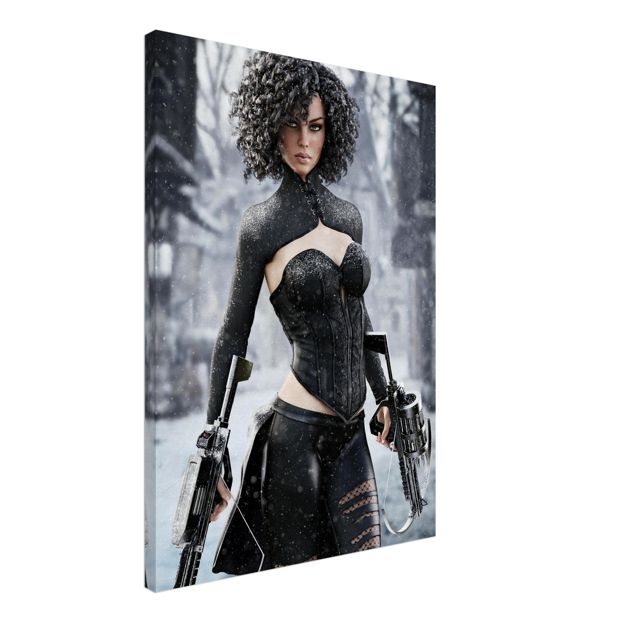 Handcrafted Fantasy Female Hunter wall art featuring a determined huntress wielding dual hand crossbows while standing in a snowy winter landscape. Fantasy artwork perfect for gaming rooms, RPG fans, collectors, and medieval fantasy décor.