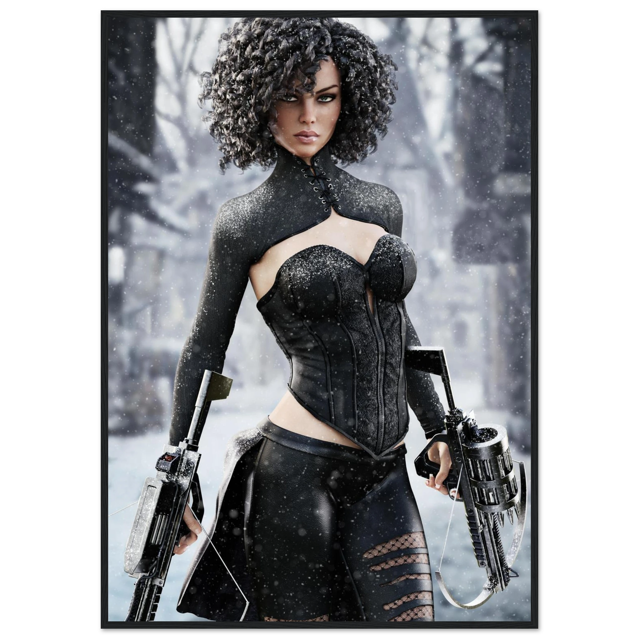 Handcrafted Fantasy Female Hunter wall art featuring a determined huntress wielding dual hand crossbows while standing in a snowy winter landscape. Fantasy artwork perfect for gaming rooms, RPG fans, collectors, and medieval fantasy décor.