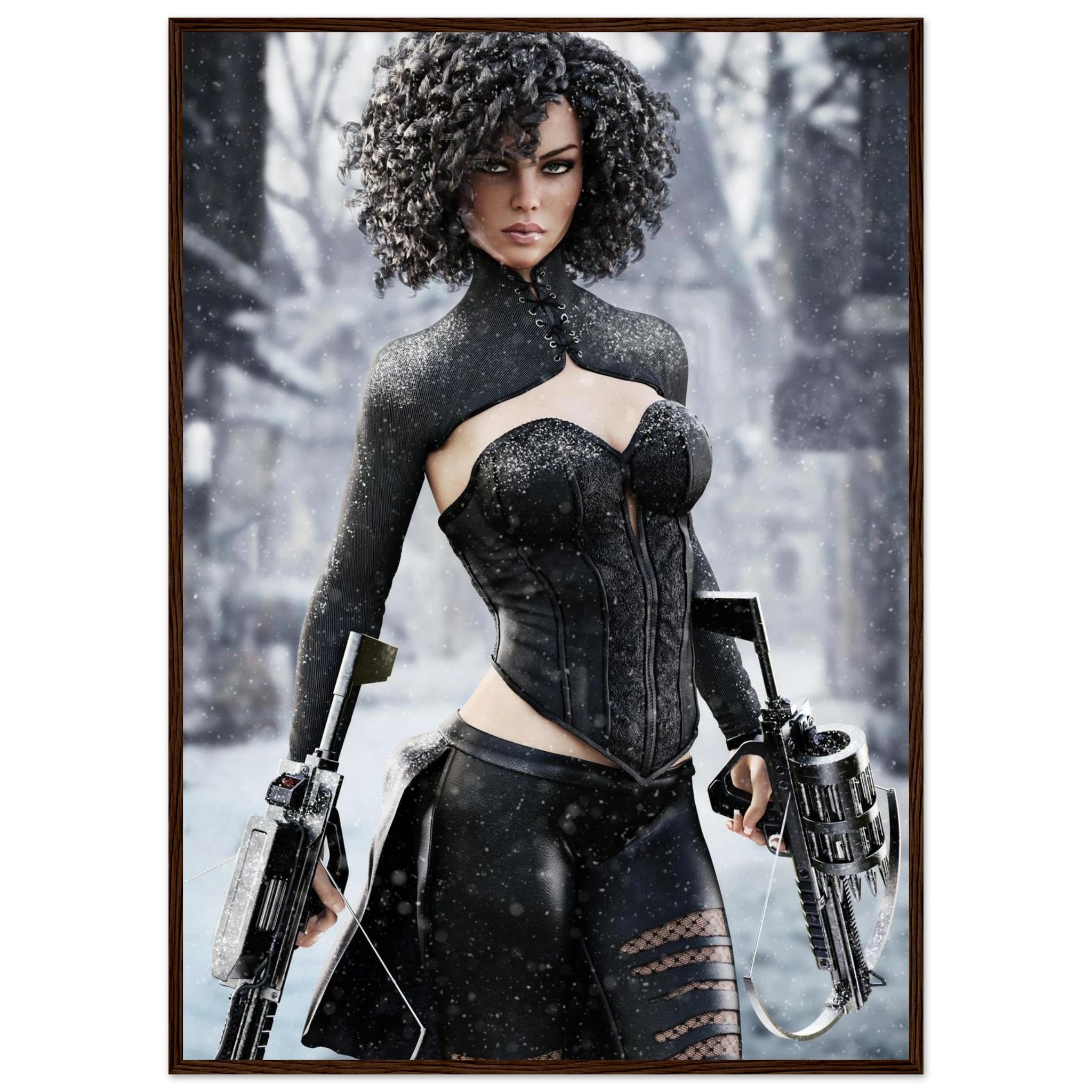 Handcrafted Fantasy Female Hunter wall art featuring a determined huntress wielding dual hand crossbows while standing in a snowy winter landscape. Fantasy artwork perfect for gaming rooms, RPG fans, collectors, and medieval fantasy décor.