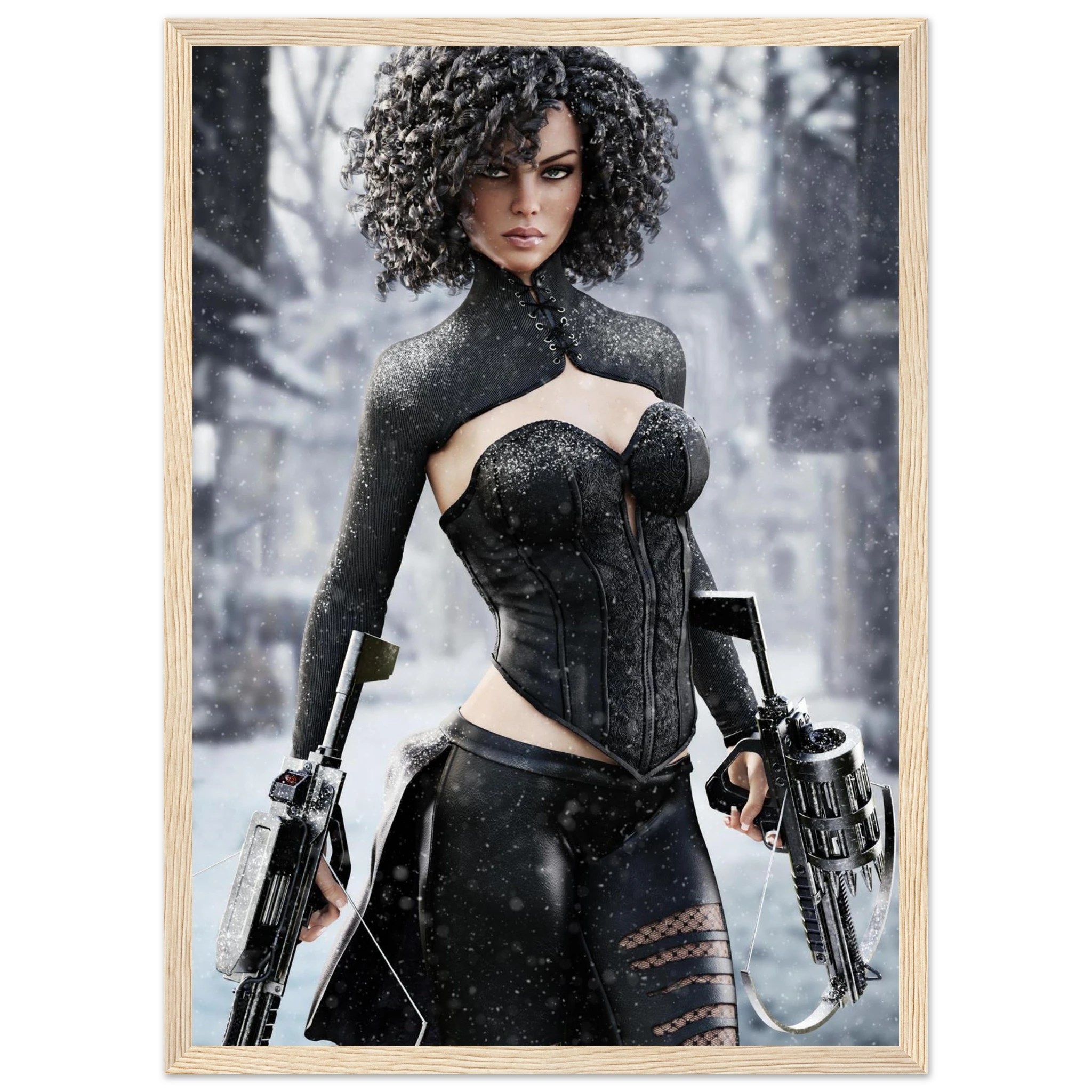 Handcrafted Fantasy Female Hunter wall art featuring a determined huntress wielding dual hand crossbows while standing in a snowy winter landscape. Fantasy artwork perfect for gaming rooms, RPG fans, collectors, and medieval fantasy décor.