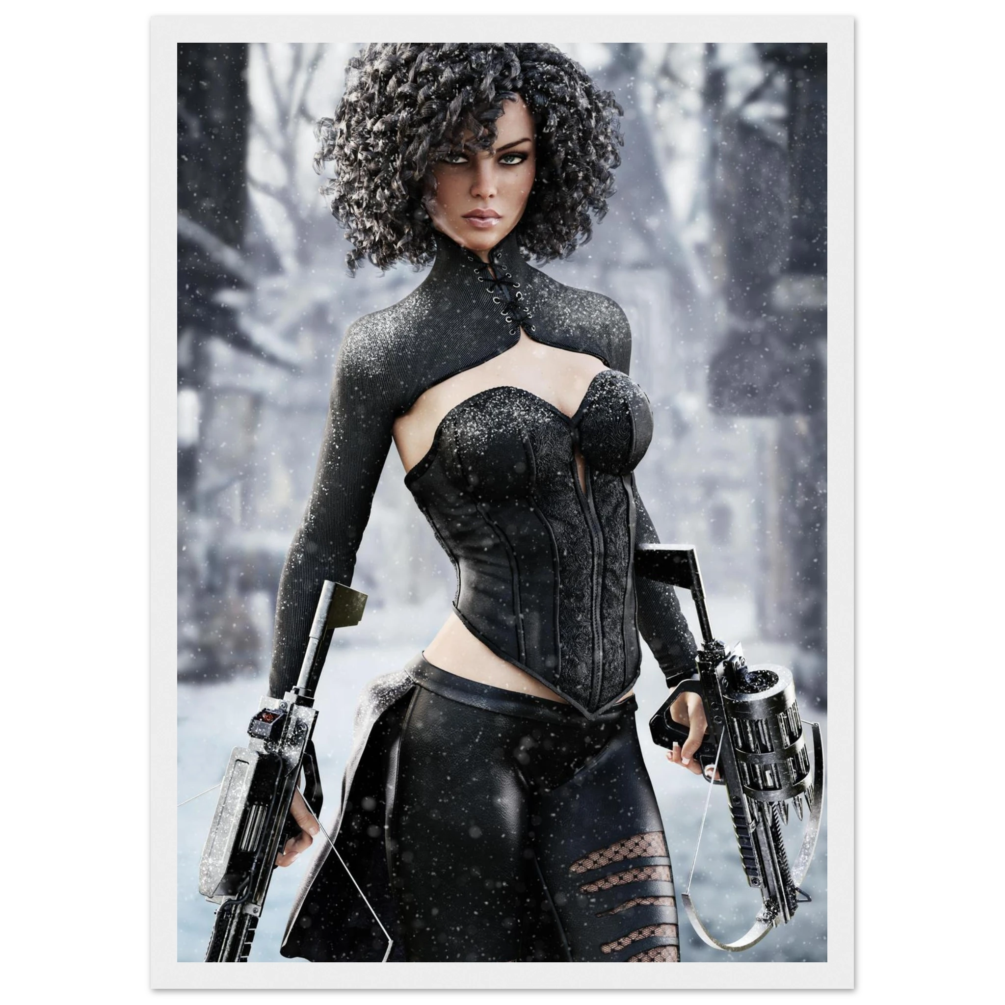 Handcrafted Fantasy Female Hunter wall art featuring a determined huntress wielding dual hand crossbows while standing in a snowy winter landscape. Fantasy artwork perfect for gaming rooms, RPG fans, collectors, and medieval fantasy décor.