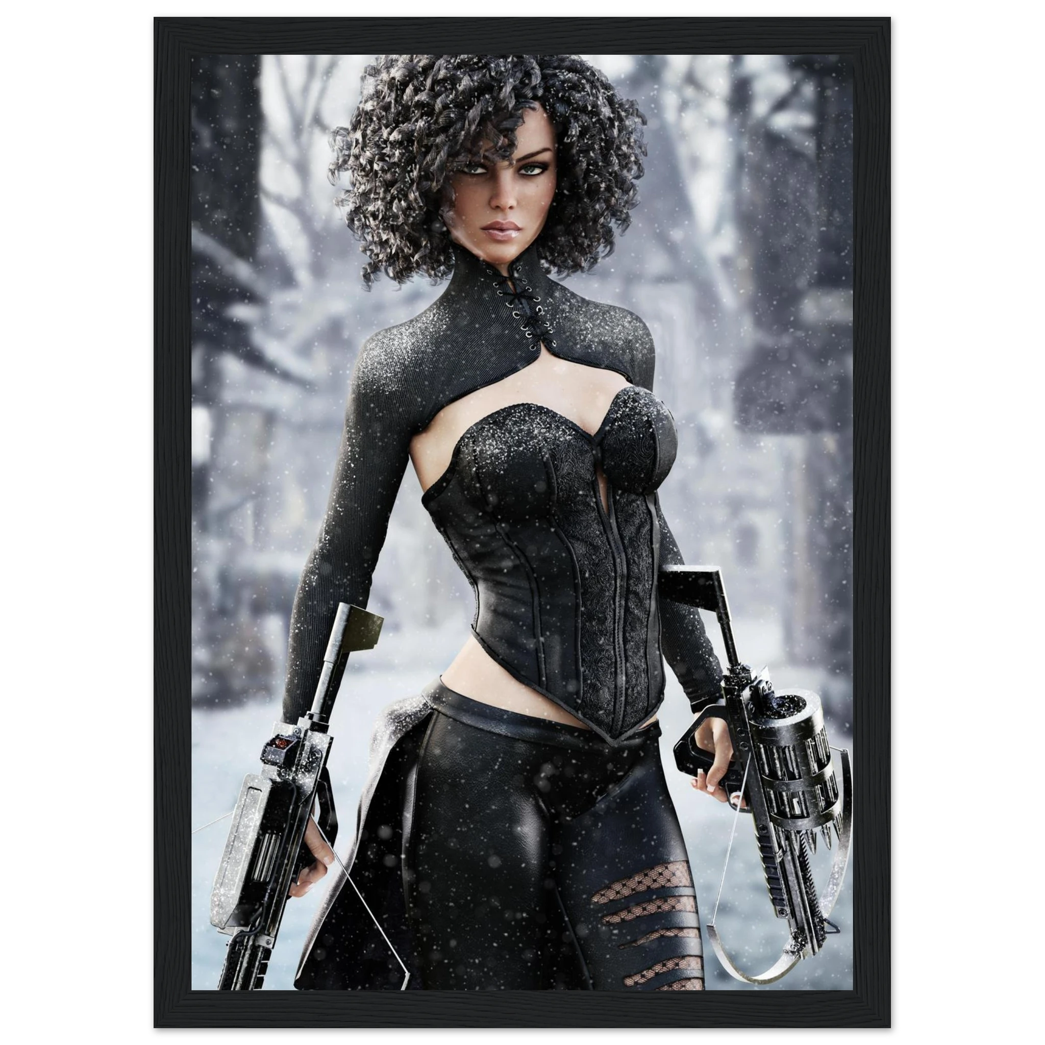 Handcrafted Fantasy Female Hunter wall art featuring a determined huntress wielding dual hand crossbows while standing in a snowy winter landscape. Fantasy artwork perfect for gaming rooms, RPG fans, collectors, and medieval fantasy décor.