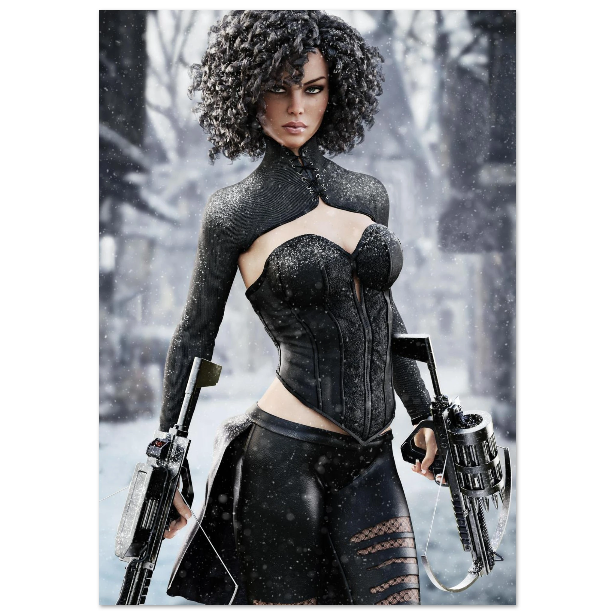 Handcrafted Fantasy Female Hunter wall art featuring a determined huntress wielding dual hand crossbows while standing in a snowy winter landscape. Fantasy artwork perfect for gaming rooms, RPG fans, collectors, and medieval fantasy décor.