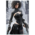 Handcrafted Fantasy Female Hunter wall art featuring a determined huntress wielding dual hand crossbows while standing in a snowy winter landscape. Fantasy artwork perfect for gaming rooms, RPG fans, collectors, and medieval fantasy décor.