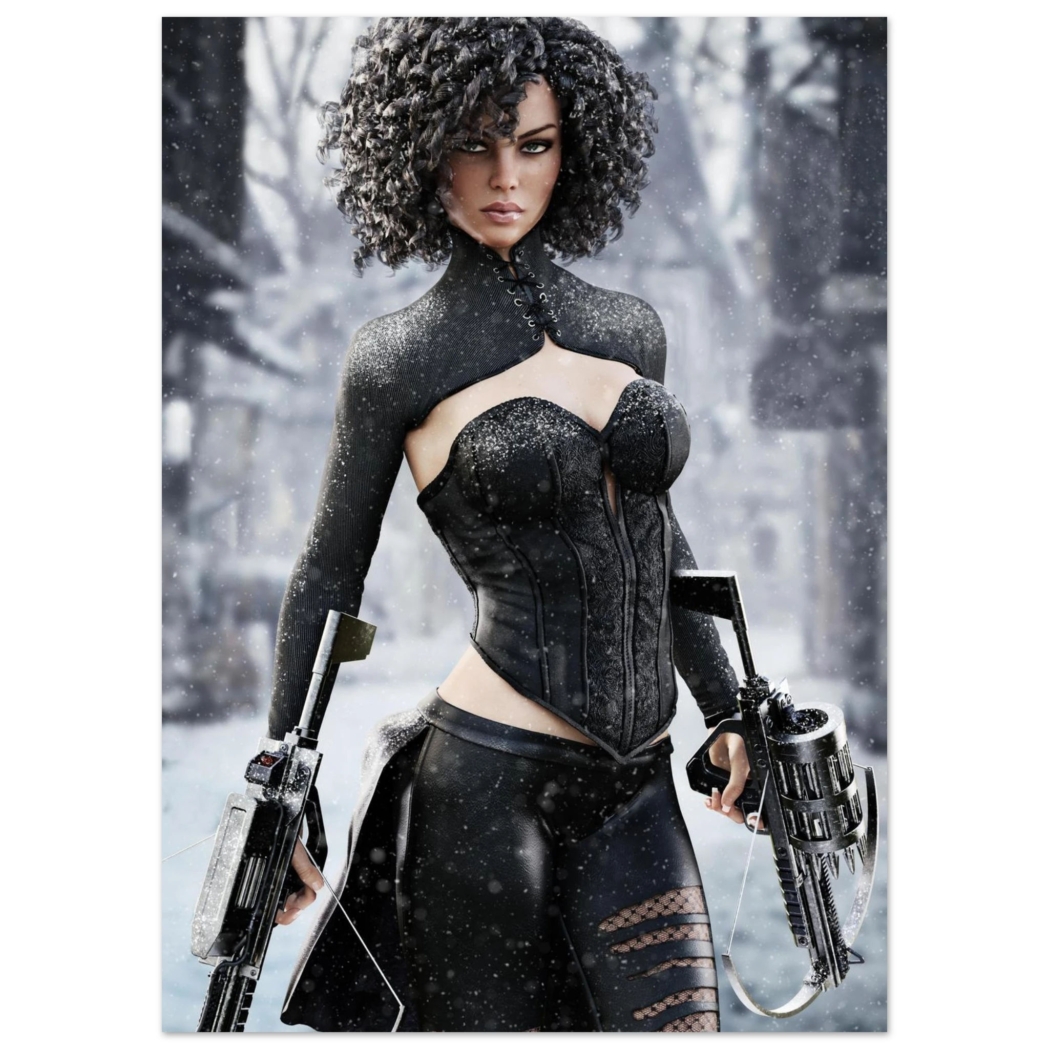 Handcrafted Fantasy Female Hunter wall art featuring a determined huntress wielding dual hand crossbows while standing in a snowy winter landscape. Fantasy artwork perfect for gaming rooms, RPG fans, collectors, and medieval fantasy décor.