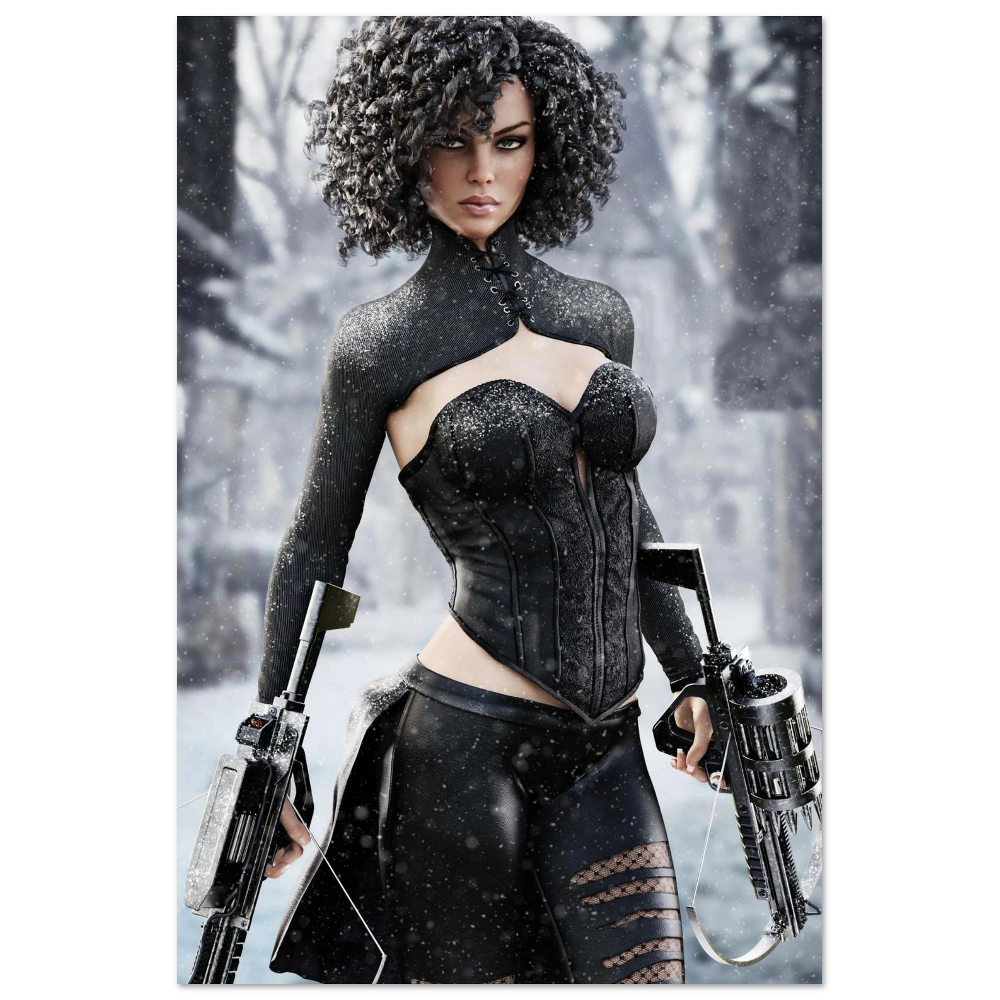 Handcrafted Fantasy Female Hunter wall art featuring a determined huntress wielding dual hand crossbows while standing in a snowy winter landscape. Fantasy artwork perfect for gaming rooms, RPG fans, collectors, and medieval fantasy décor.