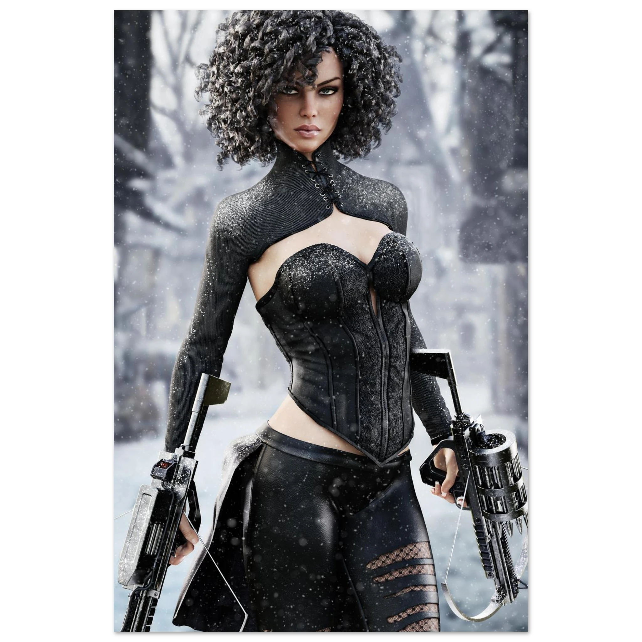 A stylized poster or print featuring a woman with voluminous dark curly hair, wearing a black corset-style top and skirt, holding futuristic guns in a snowy outdoor setting.