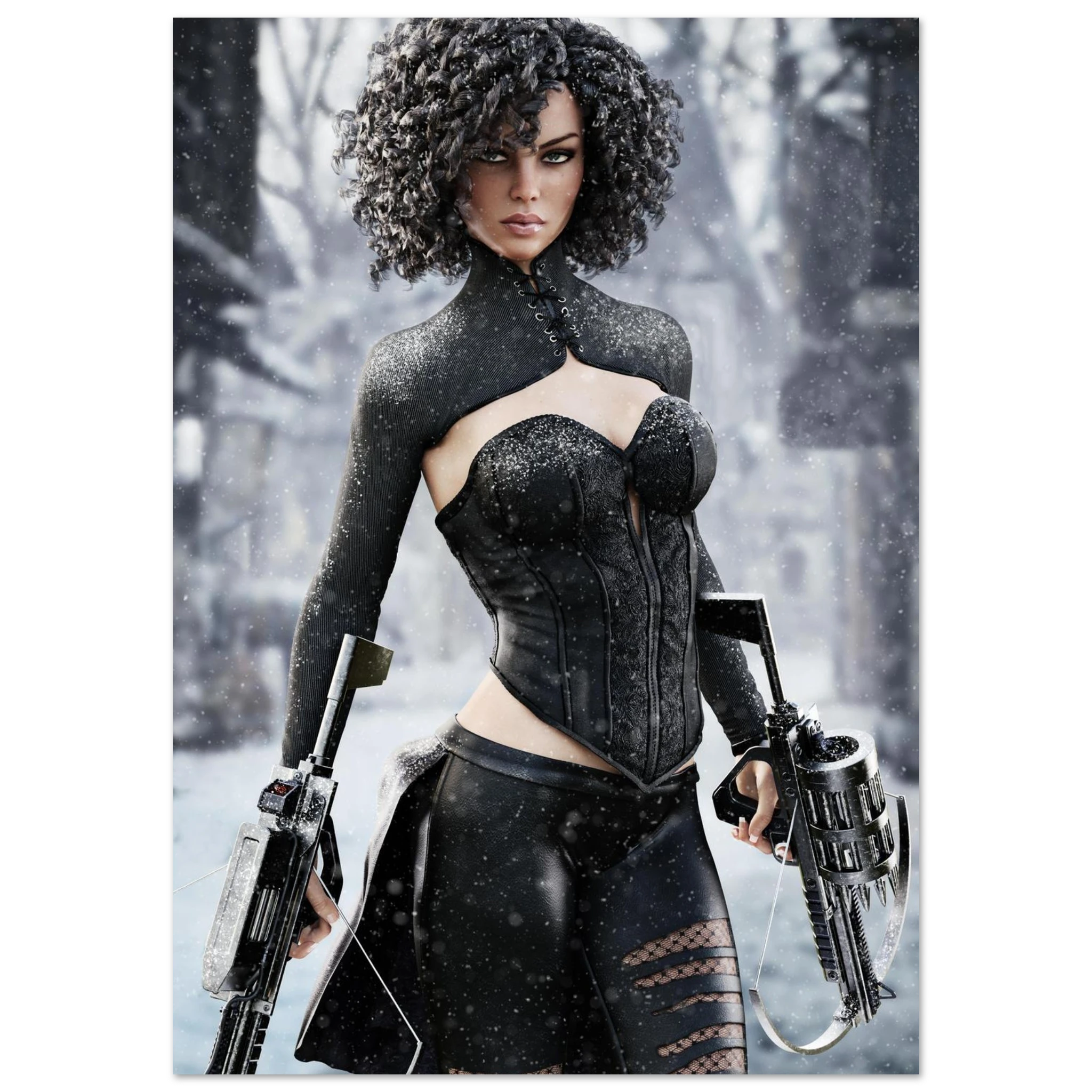 A vertical art print or poster featuring a stylized digital illustration of a woman with dark curly hair, wearing a black corset and skirt, holding futuristic guns in a snowy, blurred outdoor setting.