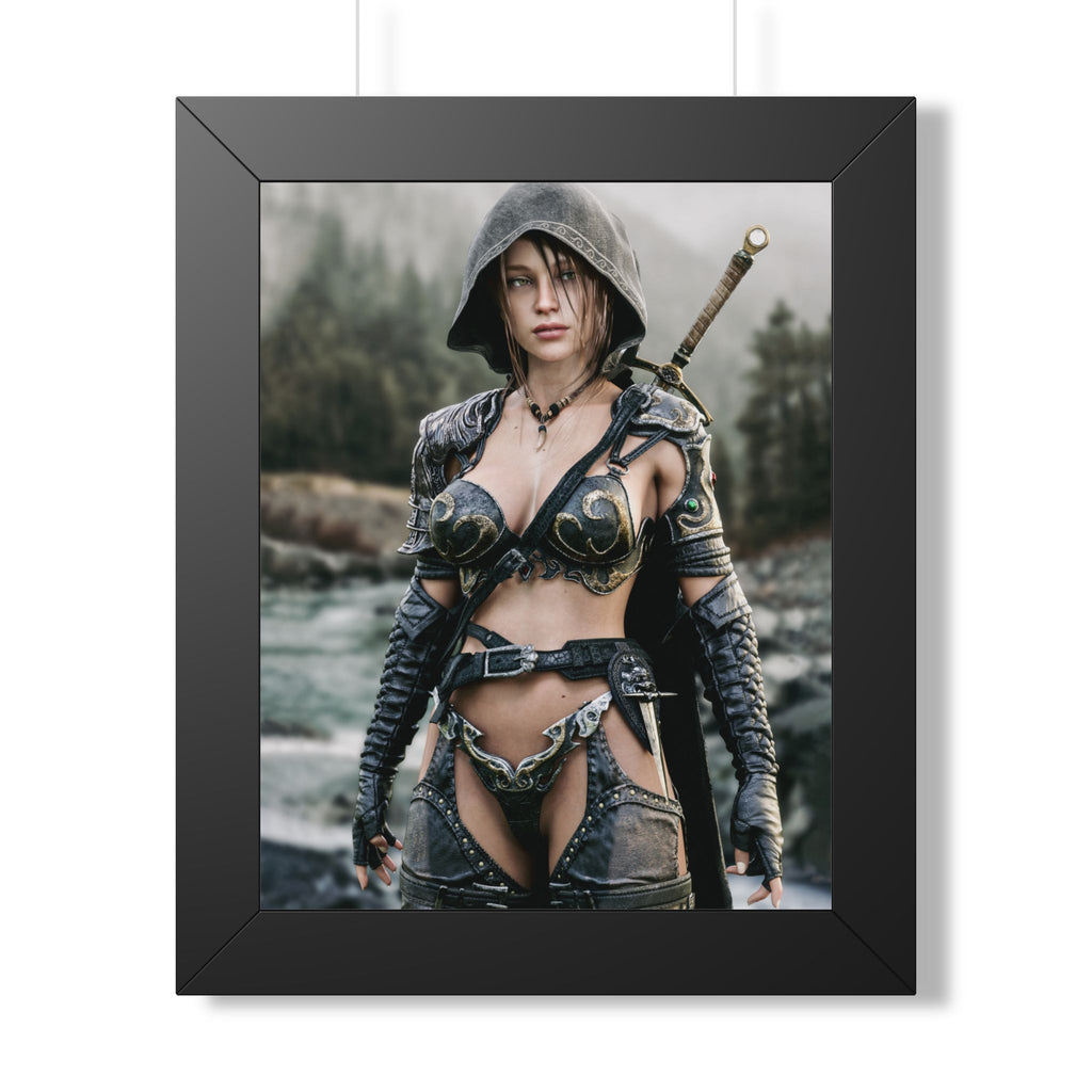 Female ranger wall art featuring a hooded fantasy warrior in ornate armor beside a misty river, carrying a sword through a rugged wilderness landscape.