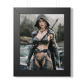 Female ranger wall art featuring a hooded fantasy warrior in ornate armor beside a misty river, carrying a sword through a rugged wilderness landscape.