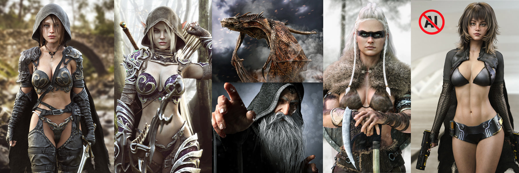 Fantasy and sci-fi character collage featuring hooded female warriors, an elven archer, an ancient wizard, a dragon, and futuristic cybernetic heroines in an epic fantasy and science fiction artwork banner.