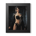 Dark fantasy sorceress with long black hair wearing an intricate black enchanted outfit. She stands in a shadowy, gothic setting illuminated by dramatic lighting, exuding mystery, elegance, and arcane power. The image features a cinematic dark fantasy atmosphere with detailed costume design and a magical, otherworldly presence.