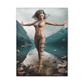 Fantasy sorceress walking across a mountain lake shoreline, surrounded by floating stones and magical energy, with dramatic scenery and arcane power.